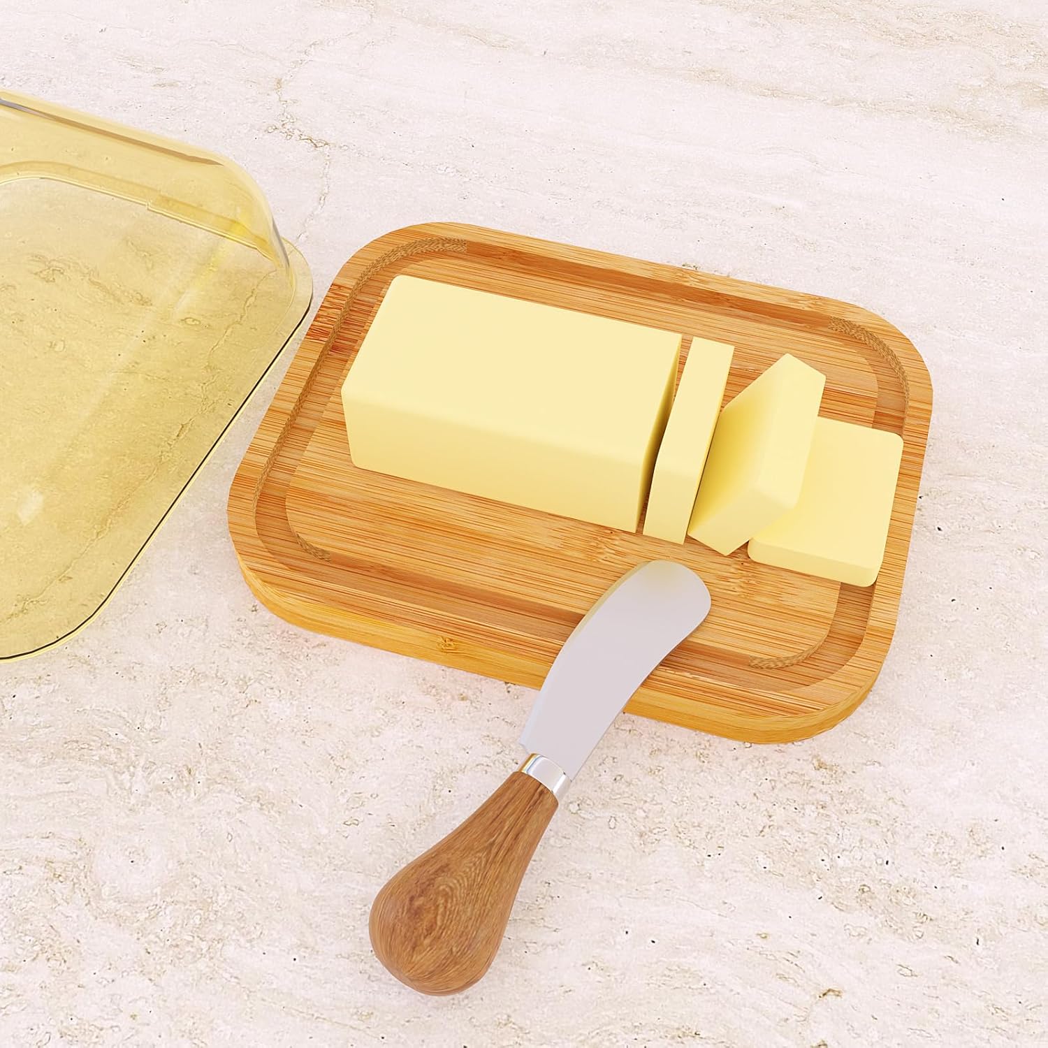 GorGin Mantequillera con tapa para frescura de encimera y refrigerador, plato de mantequilla de vidrio con plato de bambú grueso, bandeja de