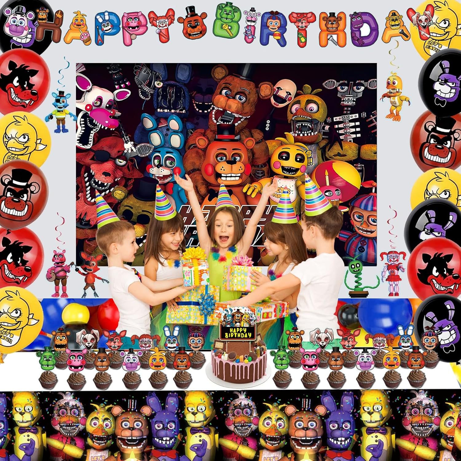 58 piezas de decoración de cumpleaños de juego, incluye pancarta, mantel, remolinos colgantes, decoración de pasteles, telón de fondo, globo, juego