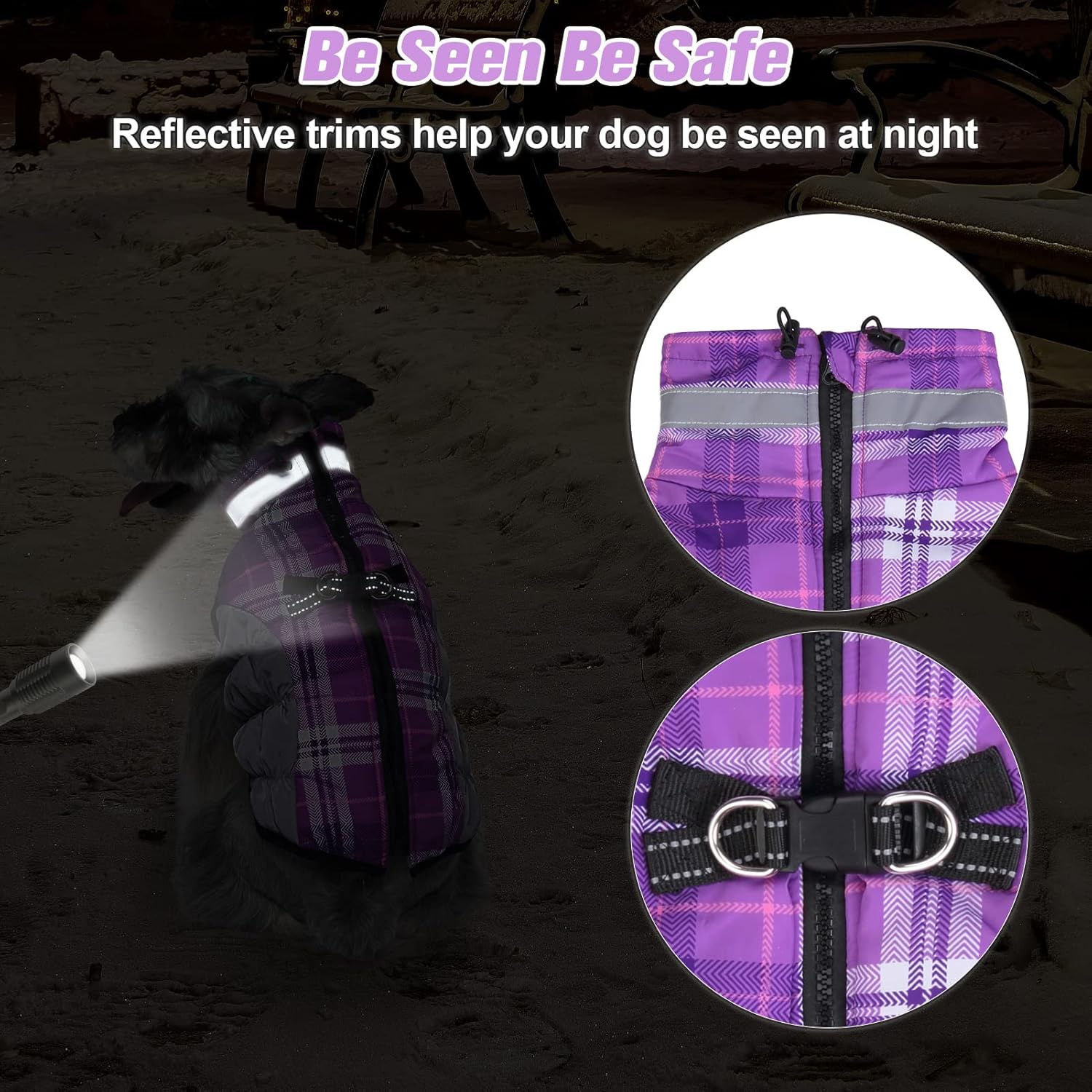 BEAUTYZOO Abrigo de invierno a cuadros para perro, chaqueta reflectante mejorada para perro, forro polar acolchado con arnés integrado, ropa