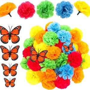 100 piezas de decoración del Día de los Muertos, flores artificiales de caléndula de seda con tallos, mariposas monarca falsas para Diwali Dia De 100 piezas de decoración del Día de los Muertos, flores artificiales de caléndula de seda con tallos, mariposas monarca falsas para Diwali Dia De