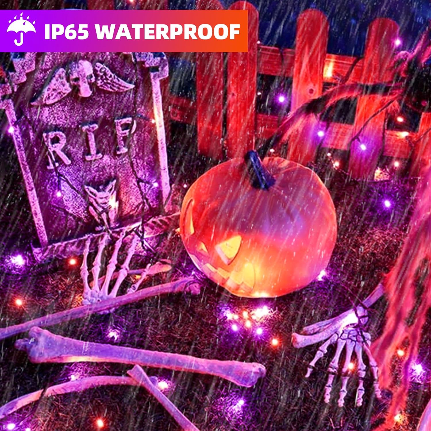 XTF2015 Luces de Halloween, 105 pies, 300 luces LED de Halloween con controlador de sensor de movimiento de música espeluznante, impermeable, luces