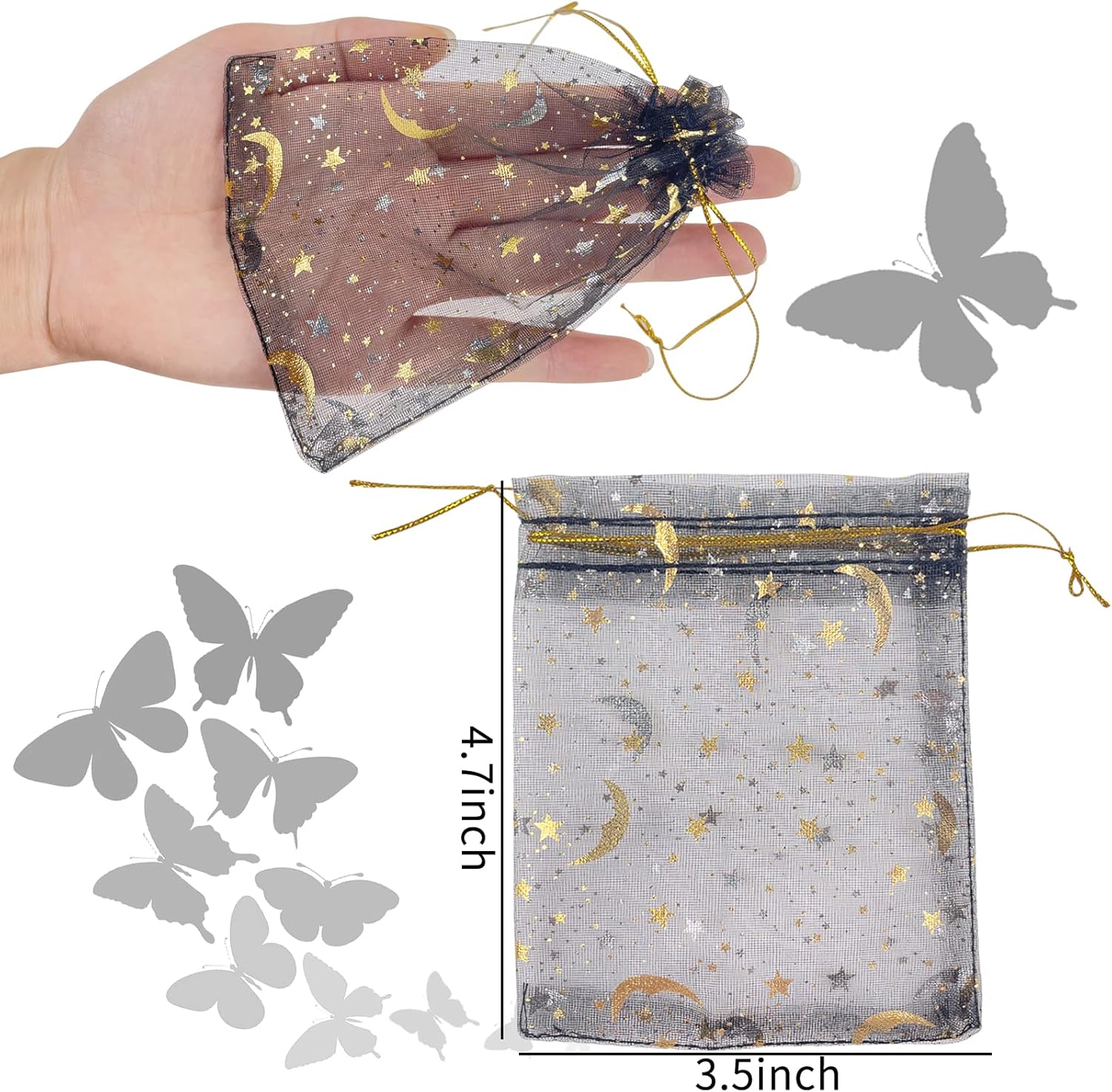 100 bolsas de organza con diseño de estrella y luna, bolsas para joyas, bolsitas para dulces, bolsas de regalo de organza con cordón para bodas,