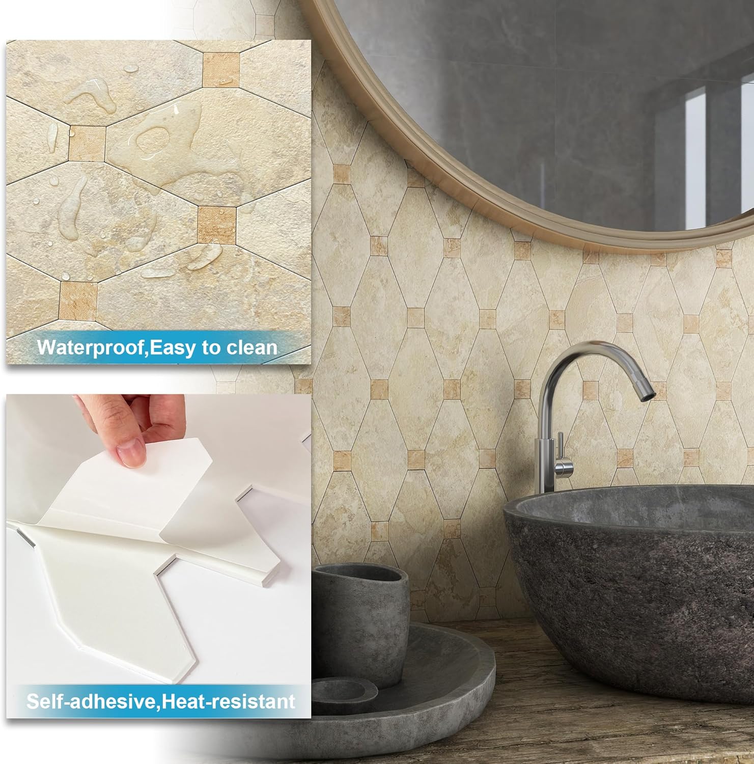 BeNice Azulejos hexagonales de mármol para cocina, azulejos de mármol hexagonales para baño (10 unidades, beige rústico)