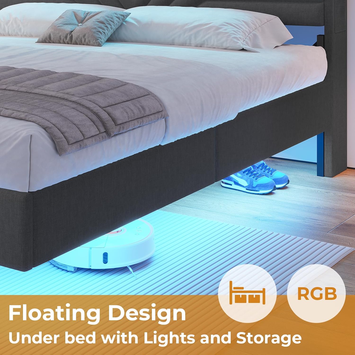 Base de cama flotante Queen con cabecera de almacenamiento y luces LED, base de cama tapizada tamaño Queen con estación de carga tipo C y USB,