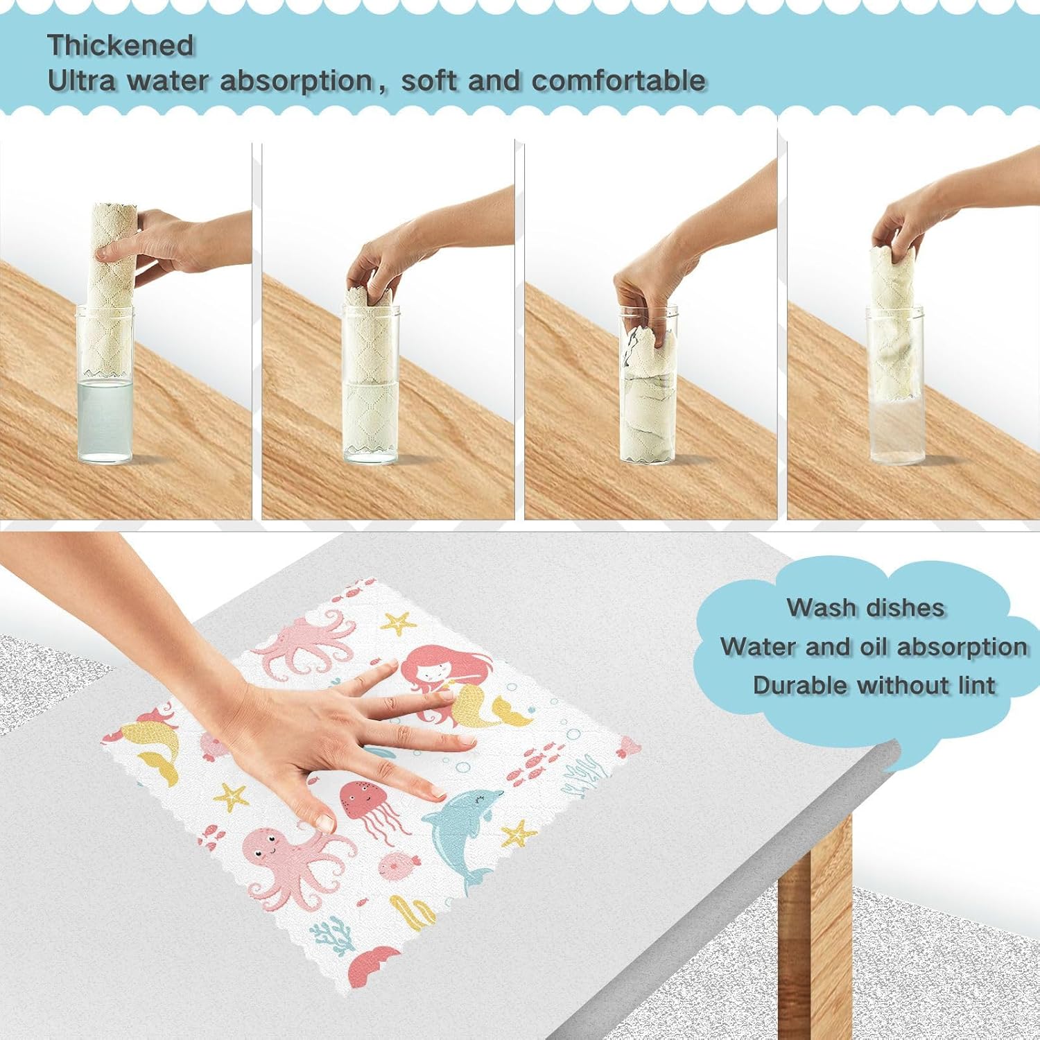 Dolphin Kawaii Mermaid Soft Decorative Microfiber Dish Drying Towel Quick Dry 6 Pack Kitchen Tea Towels for Bathroom Sink