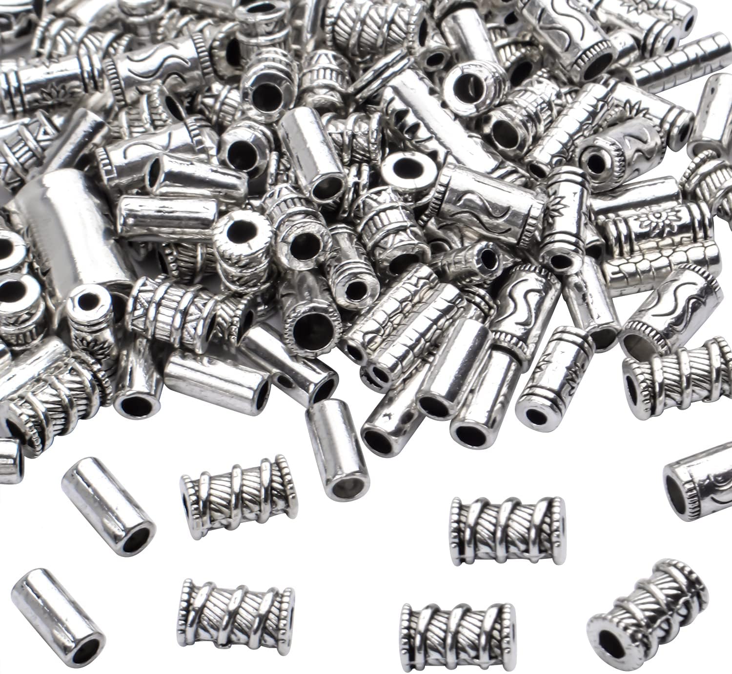Cuentas espaciadoras de columna surtidas de 3.53 oz (alrededor de 80 a 150 piezas) de cuentas de tubo de plata tibetana para pulseras, collares,