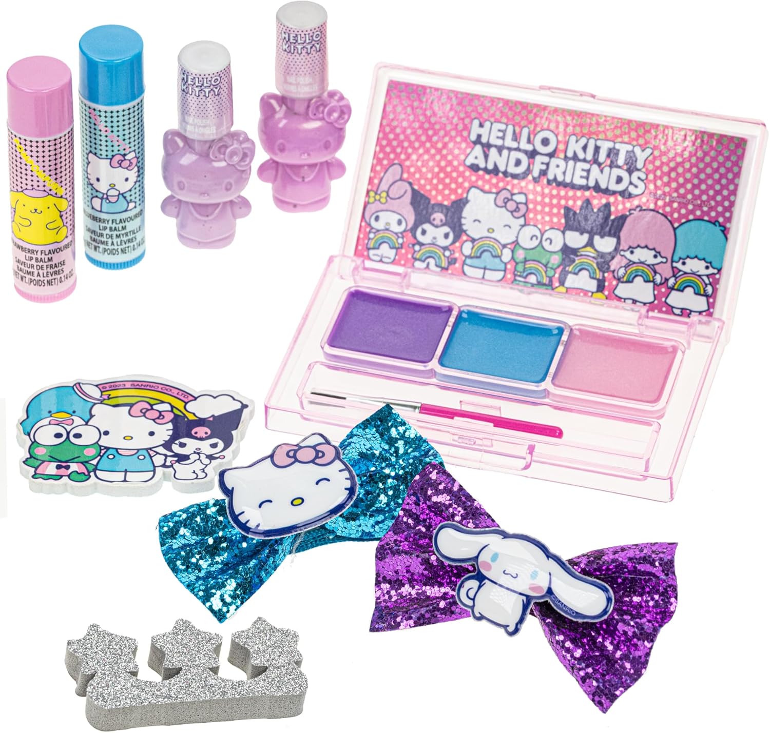 Hello Kitty and Friends – Juego de mochila rellena de maquillaje Townley Girl con 12 piezas, incluye brillo de labios, esmalte de uñas, piedras de