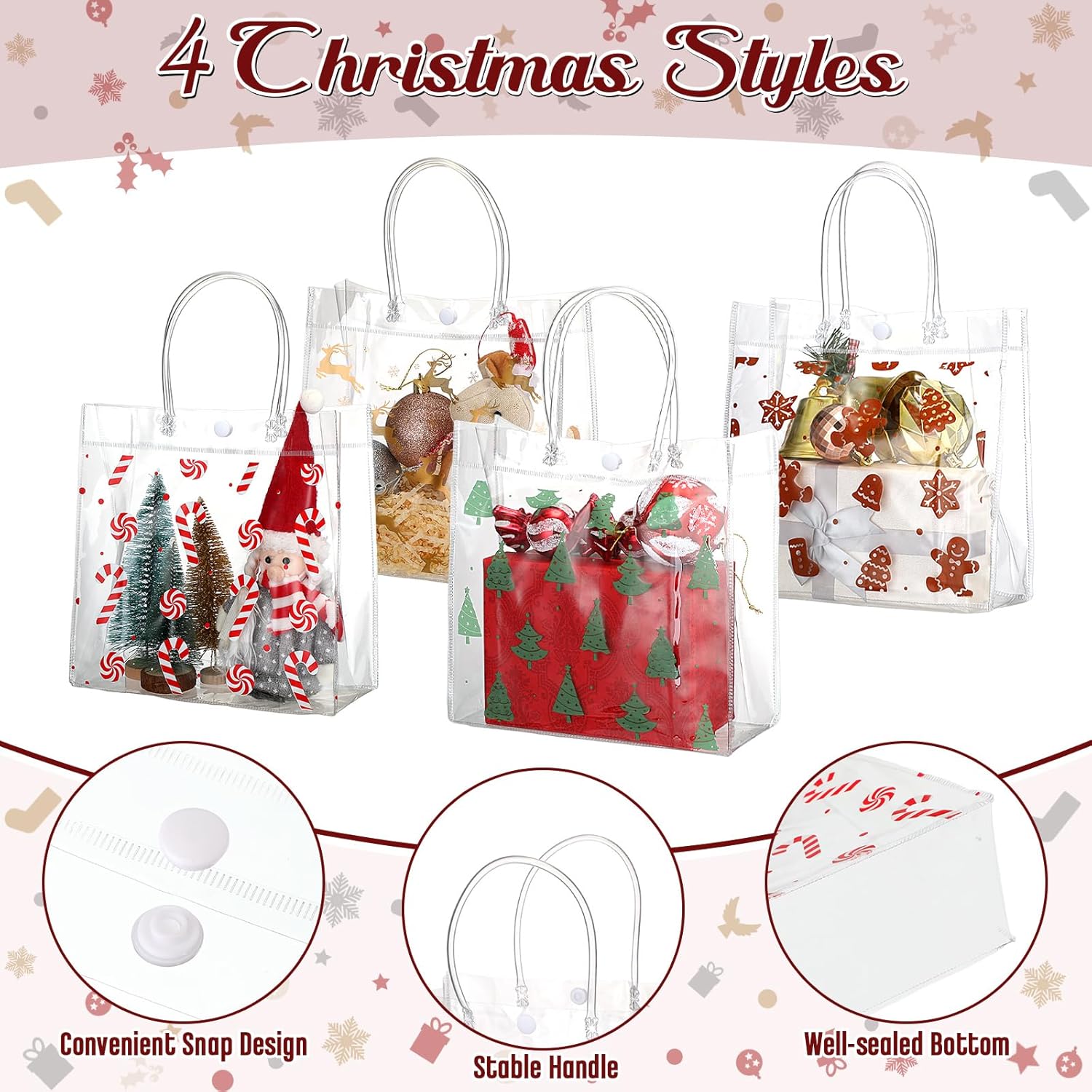 Zhanmai 24 bolsas de regalo de plástico transparente de Navidad con asa, bolsas reutilizables para envolver regalo, árbol de Navidad, pan de