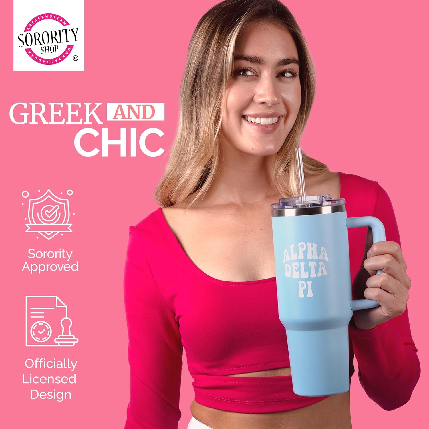 Sorority Shop Alpha Chi Omega – Vaso de 40 onzas con asa  Vasos para mejor amiga para mujer  Lindo vaso con grabado de hermandad  Vasos aislados