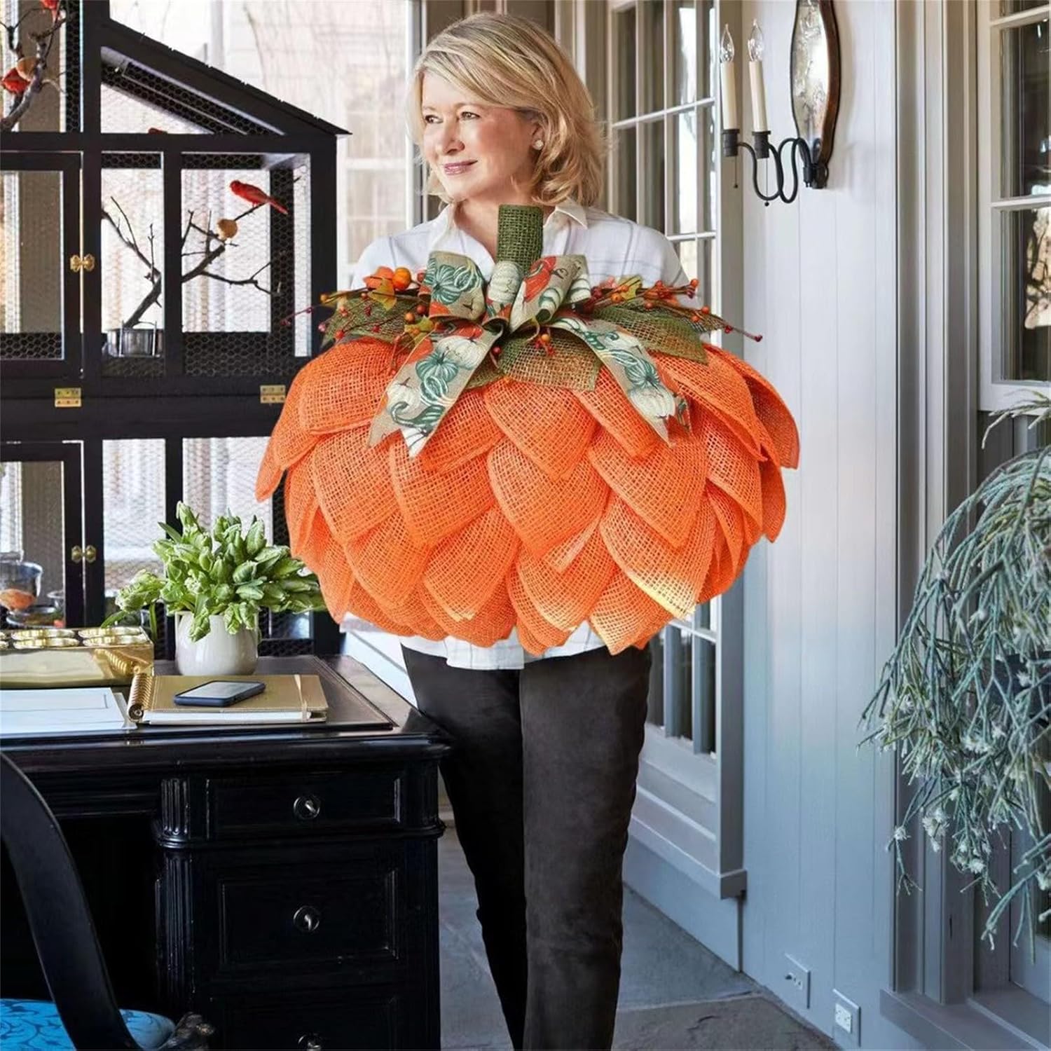 Corona de calabaza naranja de Halloween para puerta delantera, tela de Acción de Gracias, guirnalda de calabaza 2023, decoración de otoño de