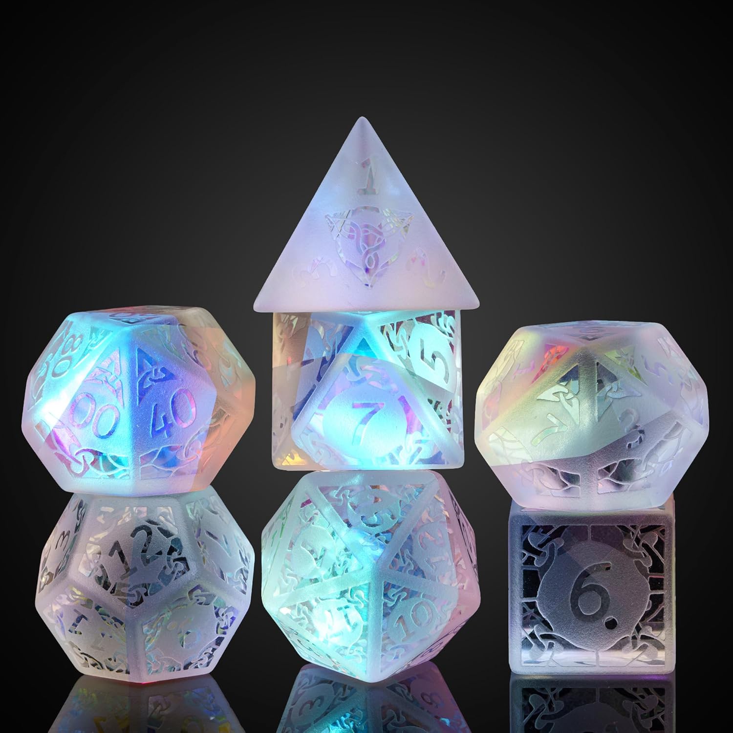 UDIXI Juego de dados DND de vidrio prisma, 7 piezas de dados de vidrio esmerilado D y D para juegos de mesa de Calabozos y Dragones D&D (vidrio de