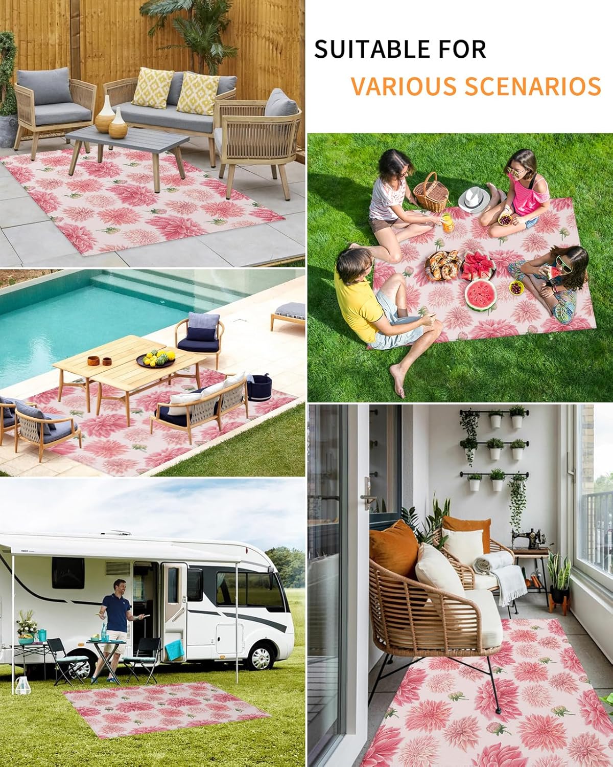 Outdoor Rug Carpet Waterproof 4×6 ft Area Rug, Pink Floral Large Floor Mat for Patio Balcony Living Room Backyard Picnic Beach RV Camping Rug