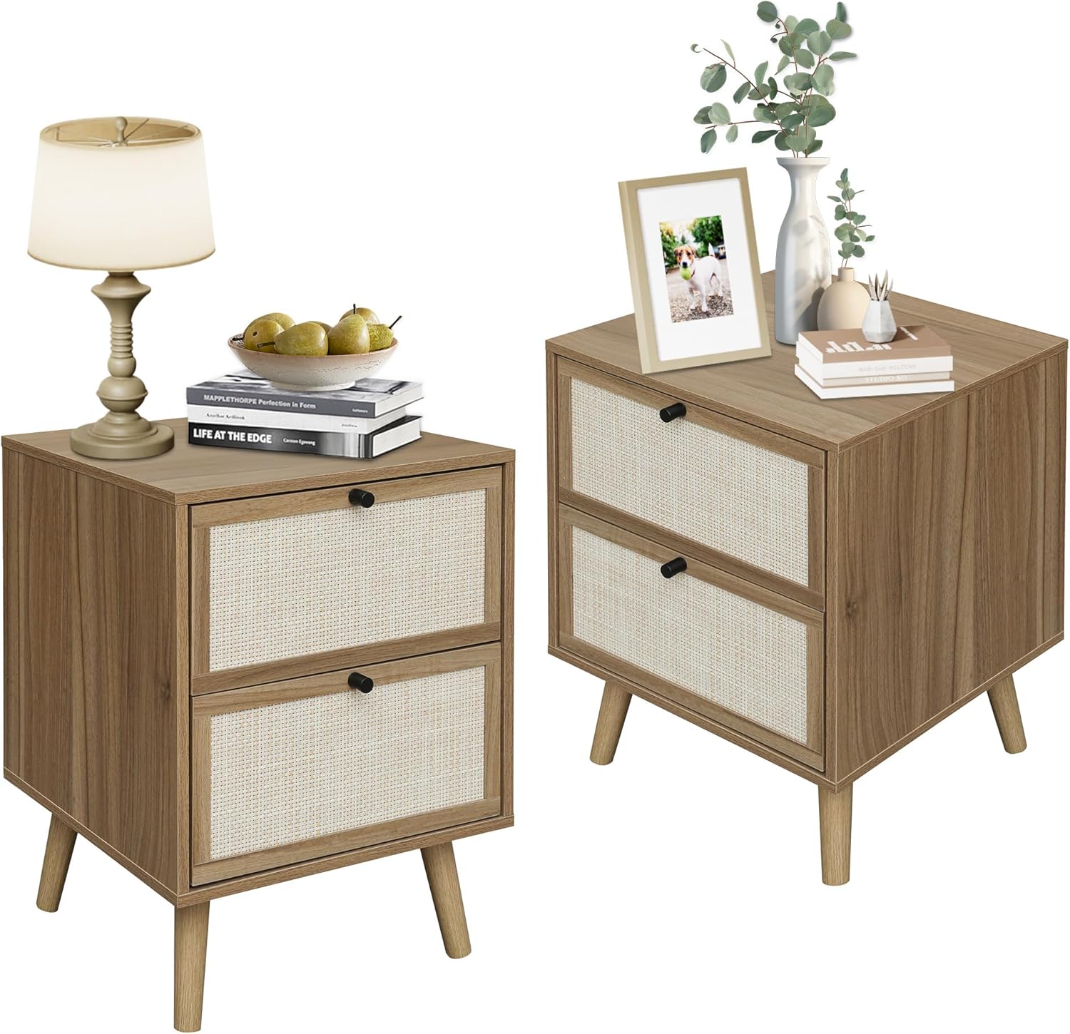 Juego de 2 mesitas de noche de ratán, mesa auxiliar de ratán con 2 cajones decorados a mano, mesa decorativa de madera con 2 cajones de