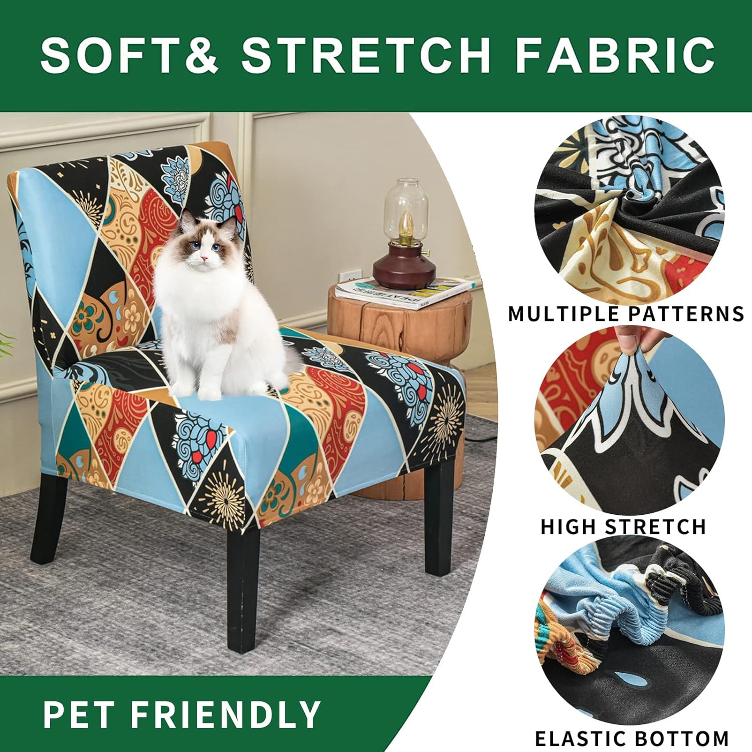 GOSTADY Funda elástica para silla sin brazos, lavable, funda protectora de muebles para silla sin brazos estampada extraíble para sala de estar,