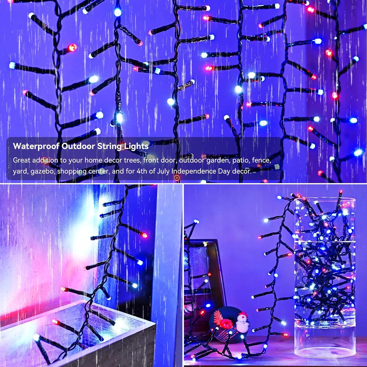 Tira de luces LED rojas, blancas y azules, 400 LED, 19.7 pies, 8 modos, impermeable, para interiores y exteriores, 4 de julio, Día de la