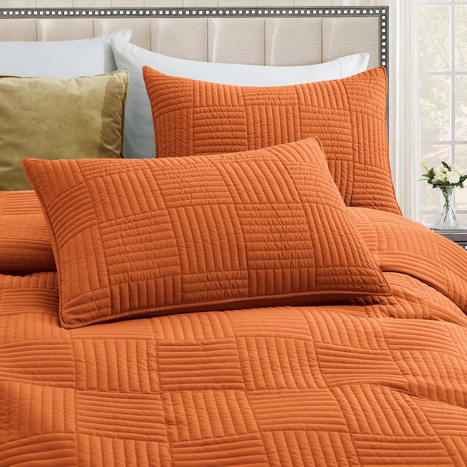 Lavsiry Juego de edredón naranja quemado, tamaño individual, colcha ligera de verano con patrón cuadrado, juego de ropa de cama de microfibra suave
