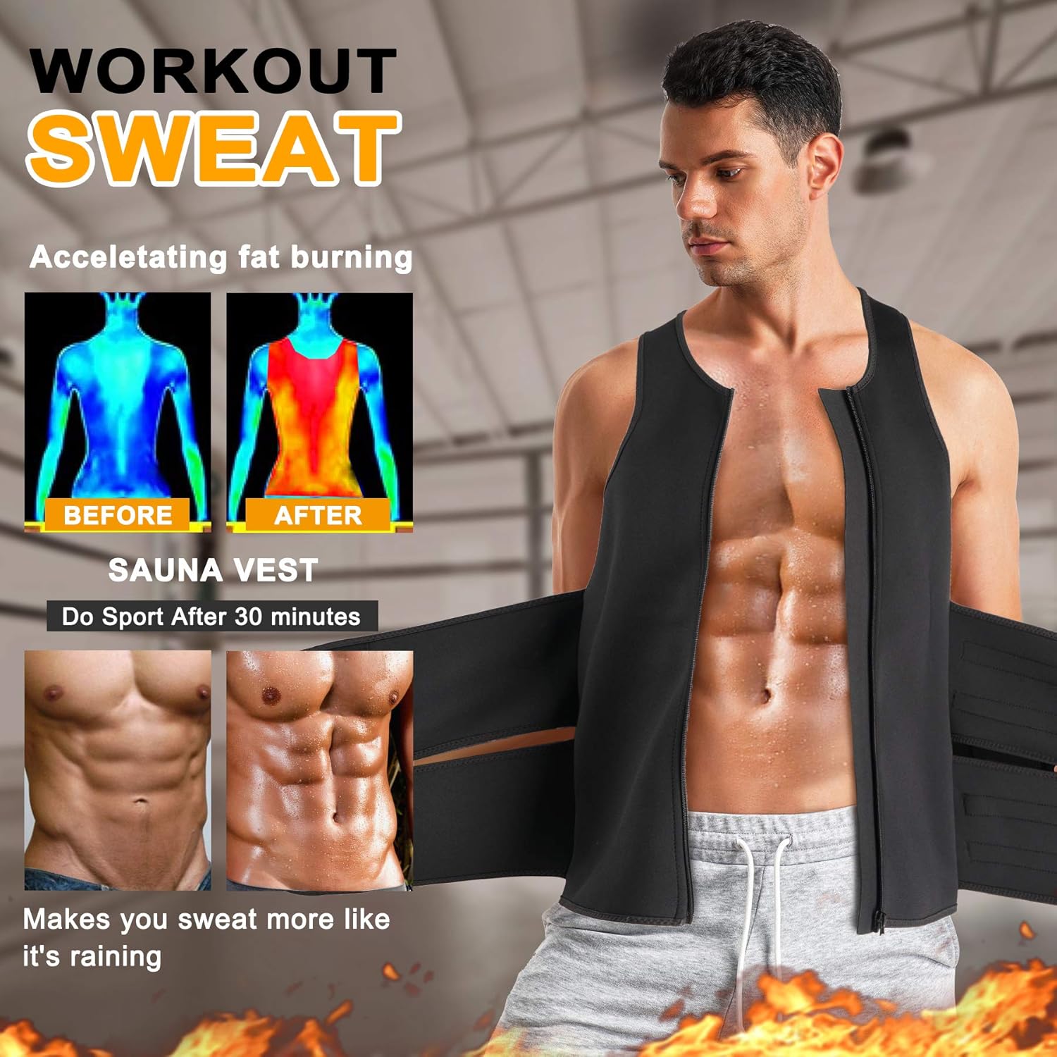 Chaleco de sauna para hombres con cintura con cremallera, neopreno para sauna, sin mangas, chaleco recortador de cintura