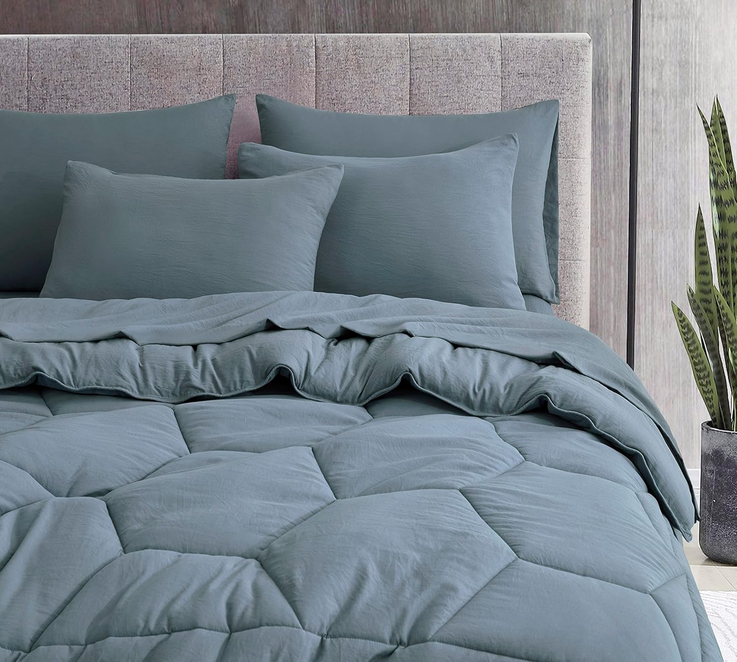 Chezmoi Collection Piper – Juego de cama matrimonial en una bolsa, 7 piezas, acolchado hexagonal de panal de abeja, suave lavado, microfibra de
