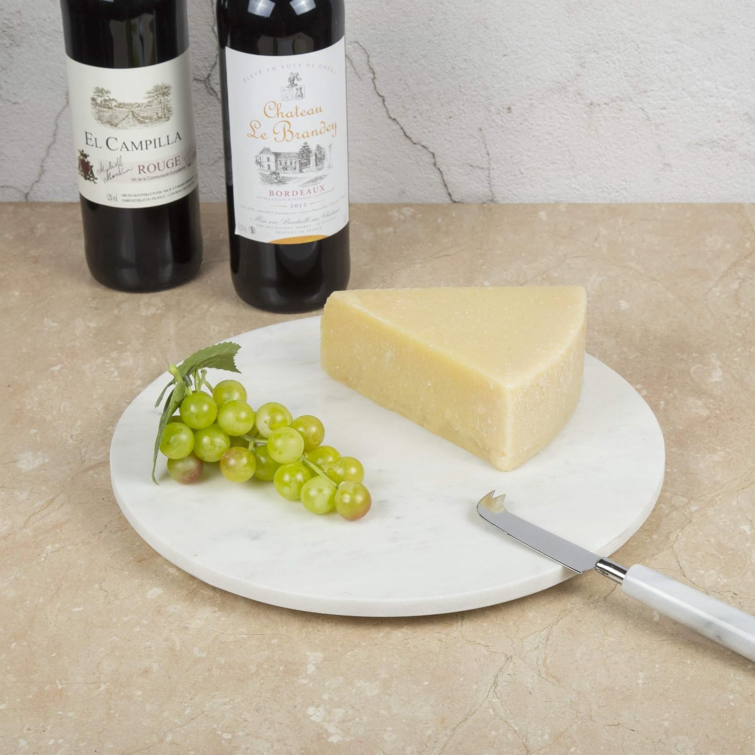 Creative Home Tabla redonda de mármol blanco cremoso natural, tabla de charcutería, queso, postre, pan, plato para servir para cocina, hornear,