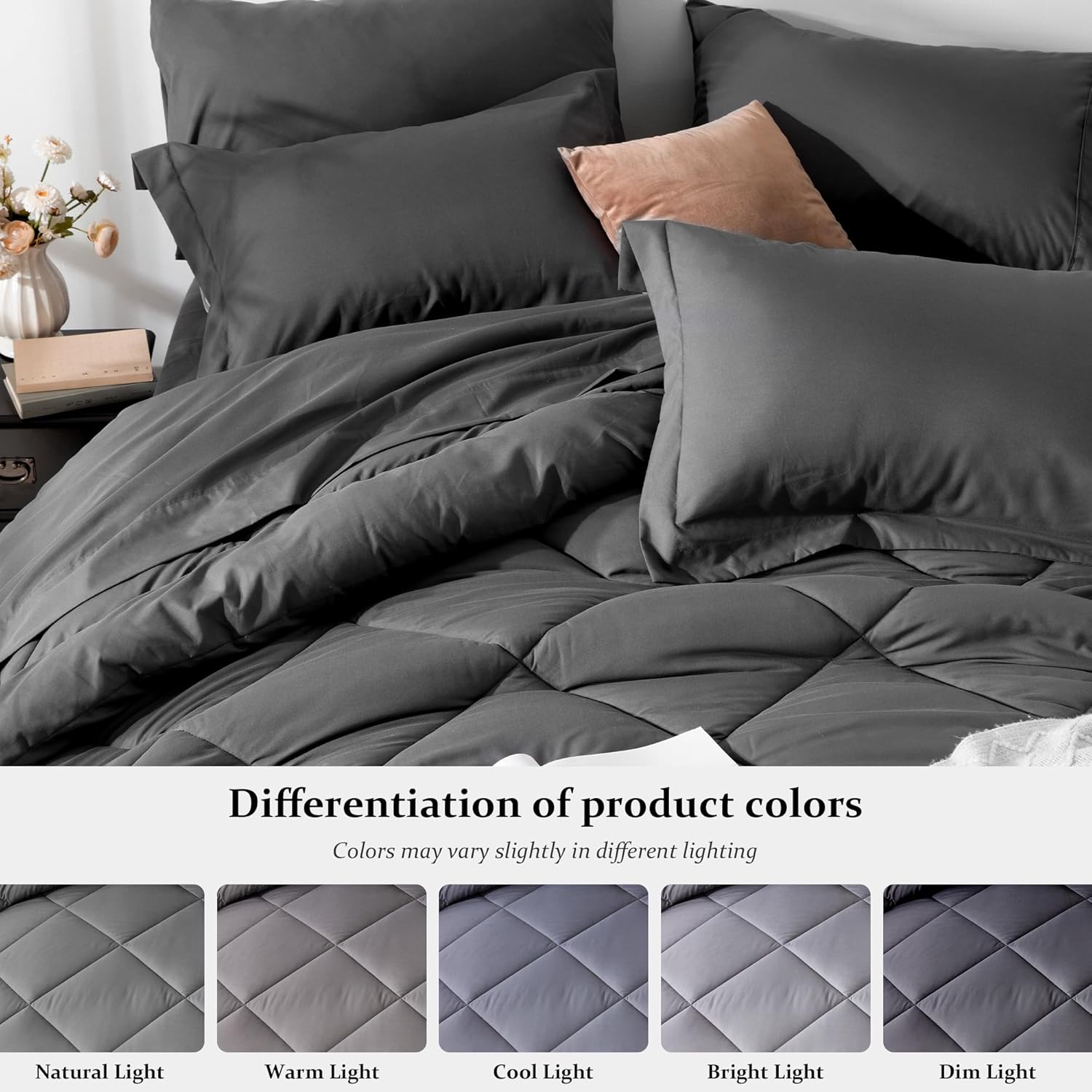 Newspin Juego de edredón de 8 piezas de cama Queen en una bolsa, juego de cama gris oscuro para todas las estaciones, juegos de ropa de cama Queen