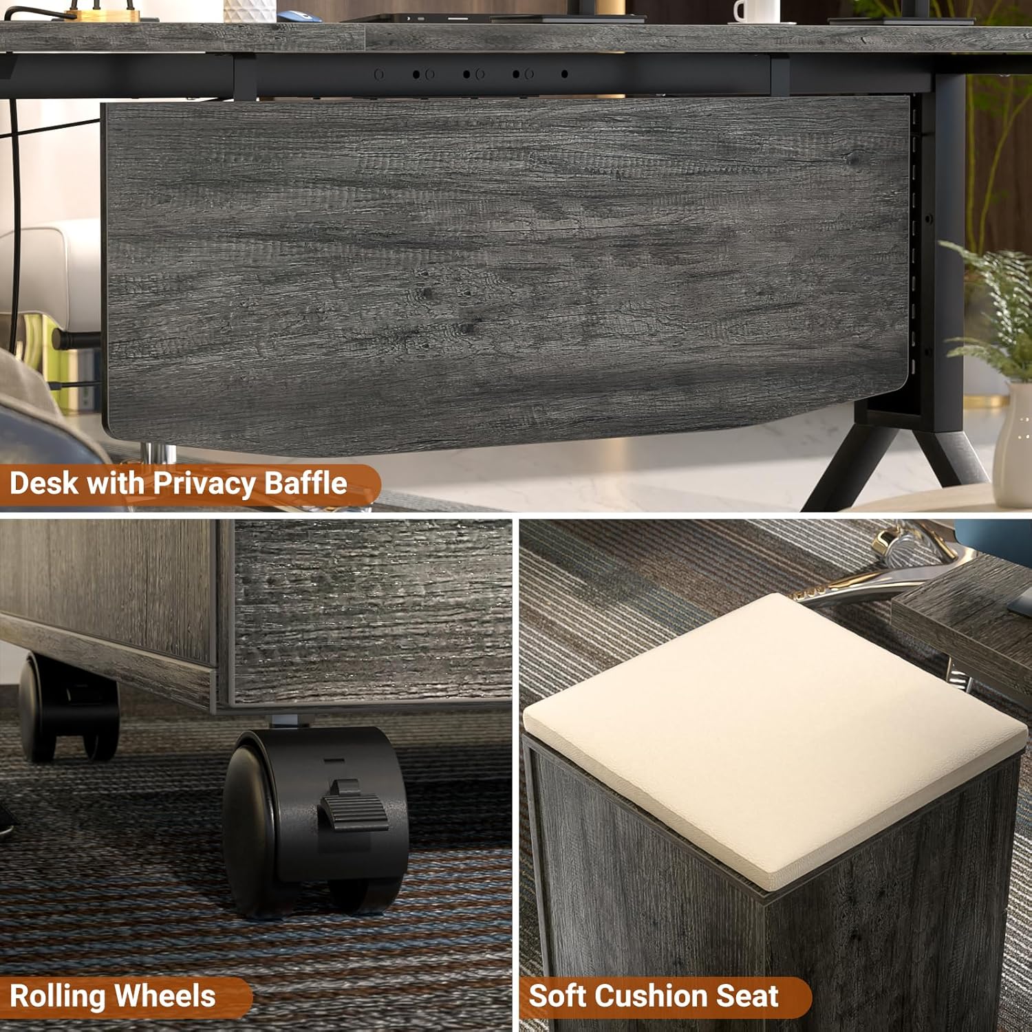 armocity Escritorio para computadora de juegos 55 con mesa auxiliar rodante, escritorio grande de oficina en casa con archivador, escritorio