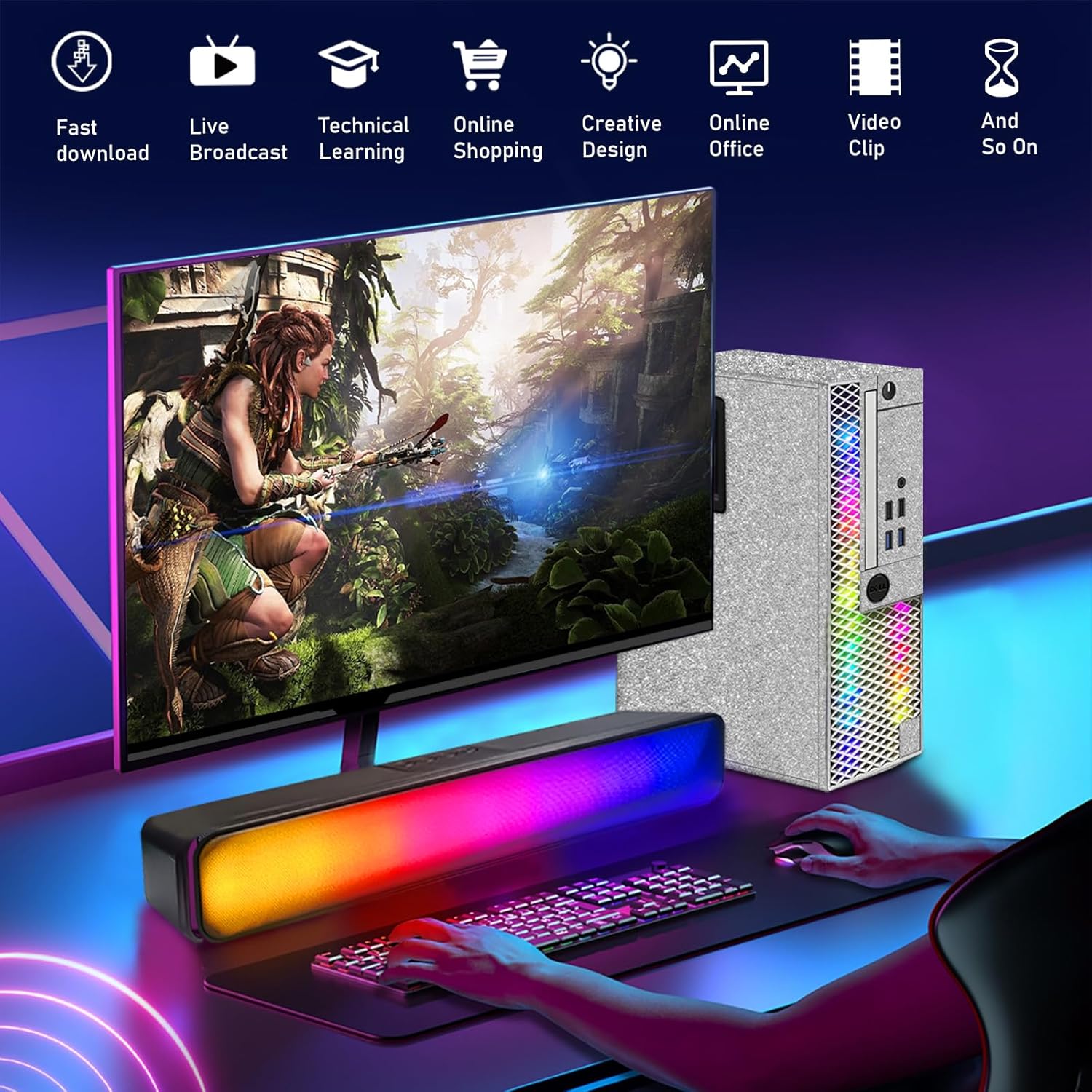 Dell Computadora de escritorio para juegos RGB, Intel Quad Core I5-6500 hasta 3.6GHz, GeForce GT 1030 2G, 32GB DDR4, 1T SSD, teclado y mouse RGB,