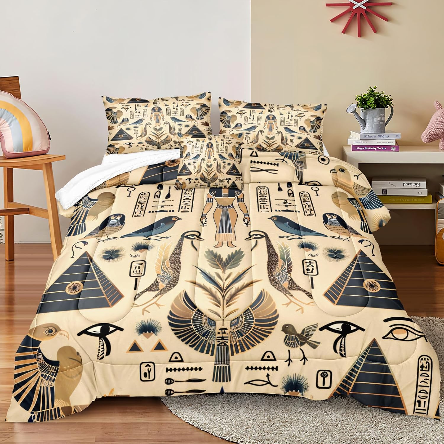 Juego de edredón tamaño Queen del antiguo Egipto, juego de edredón amarillo, patrón de pirámide de faraón vintage, decoración del hogar, juego de