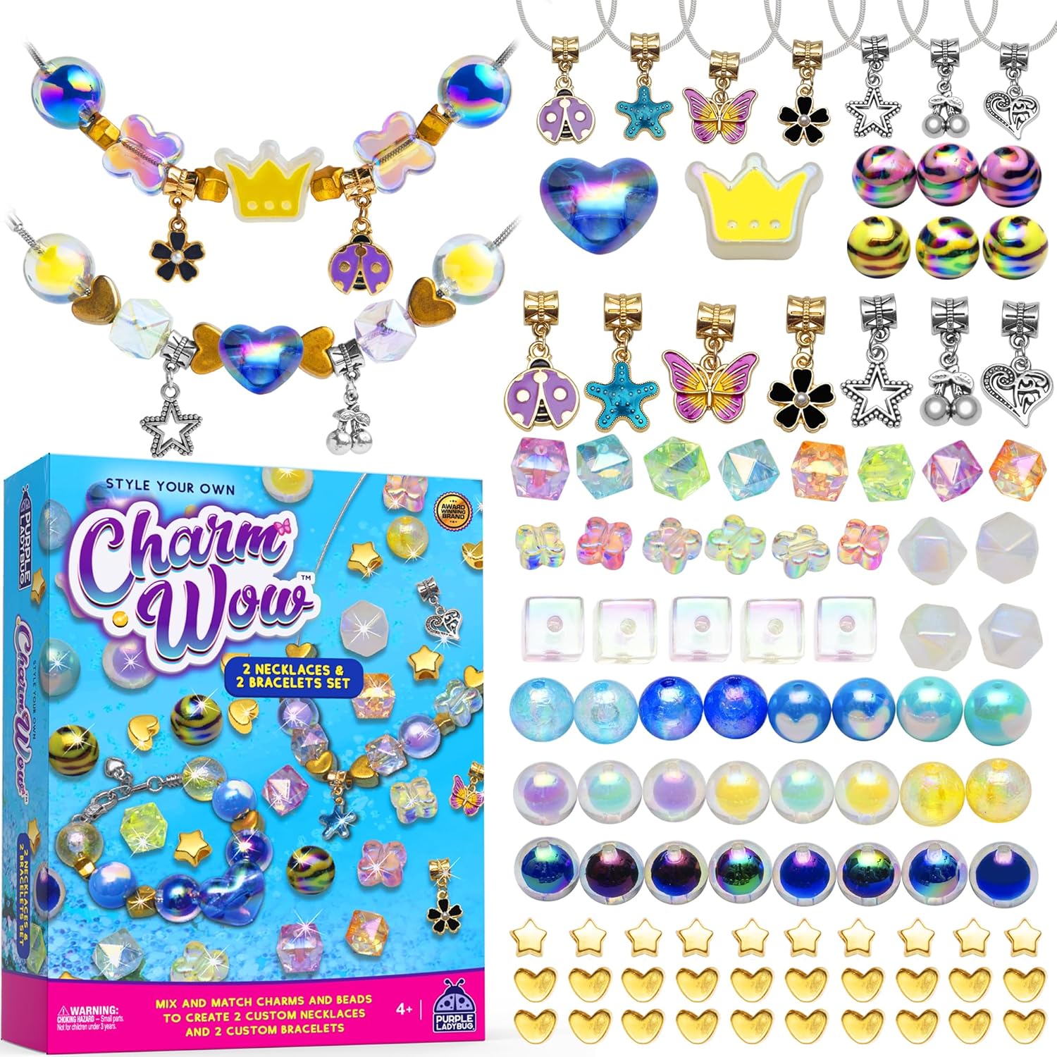 CharmWow – Kit de joyería para niñas de 6 a 8 años + con cuentas brillantes, kit de fabricación de joyas para niñas de 8 a 12 años, regalo para