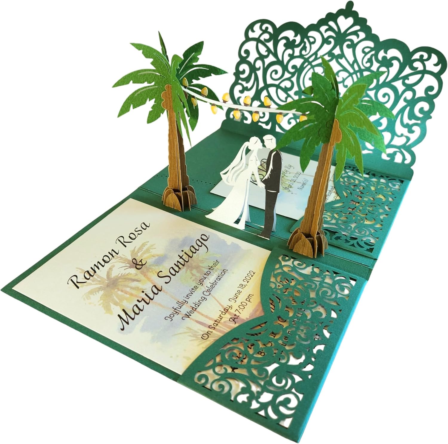 Invitaciones de boda con sobres, invitaciones de boda personalizadas con sobres y opciones rsvp disponibles. Invitación de boda emergente (Palmas)