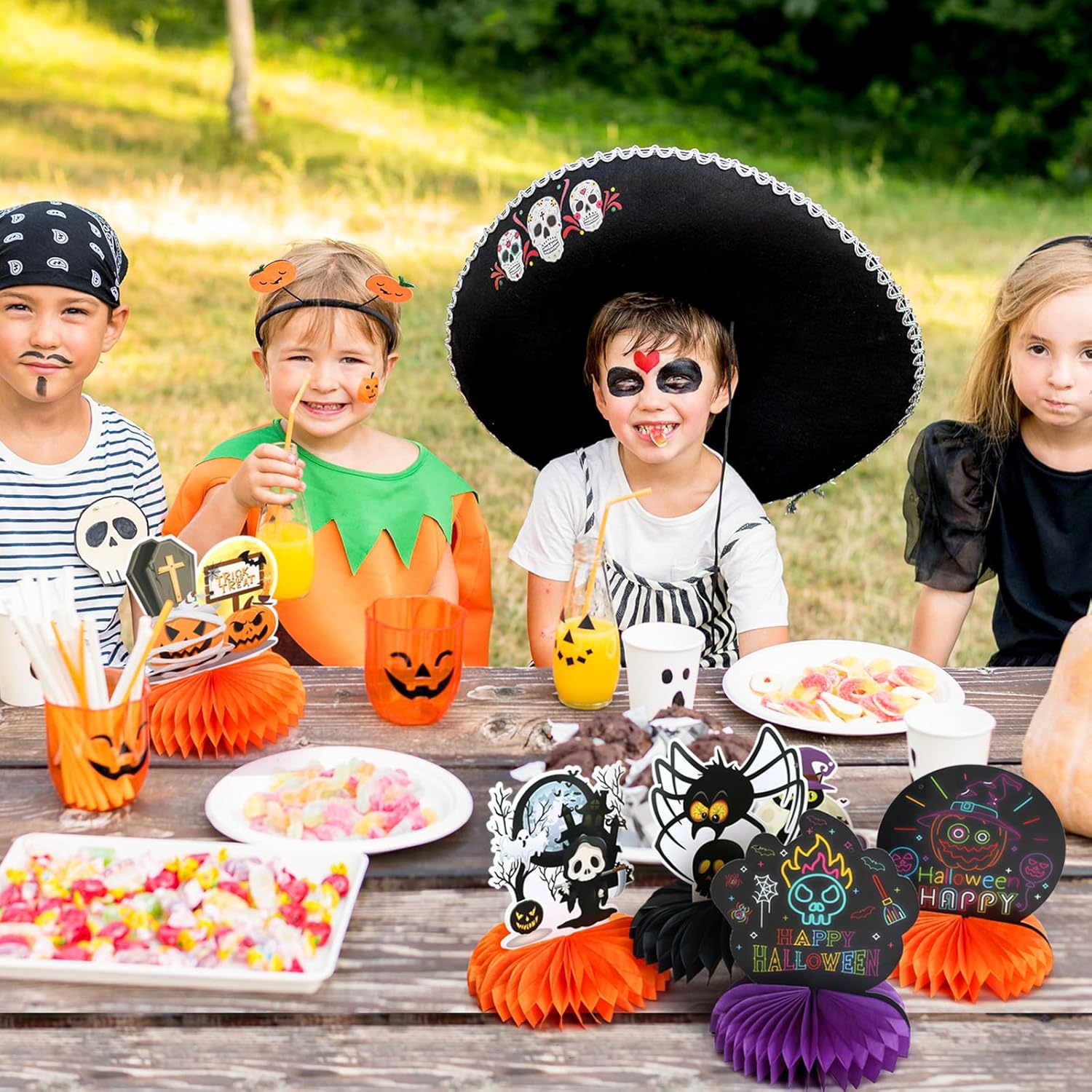 LIHAO Centros de mesa luminosos de panal de abeja de Halloween, 12 piezas para fiestas, decoraciones de Halloween, fantasma, calabaza, calavera,