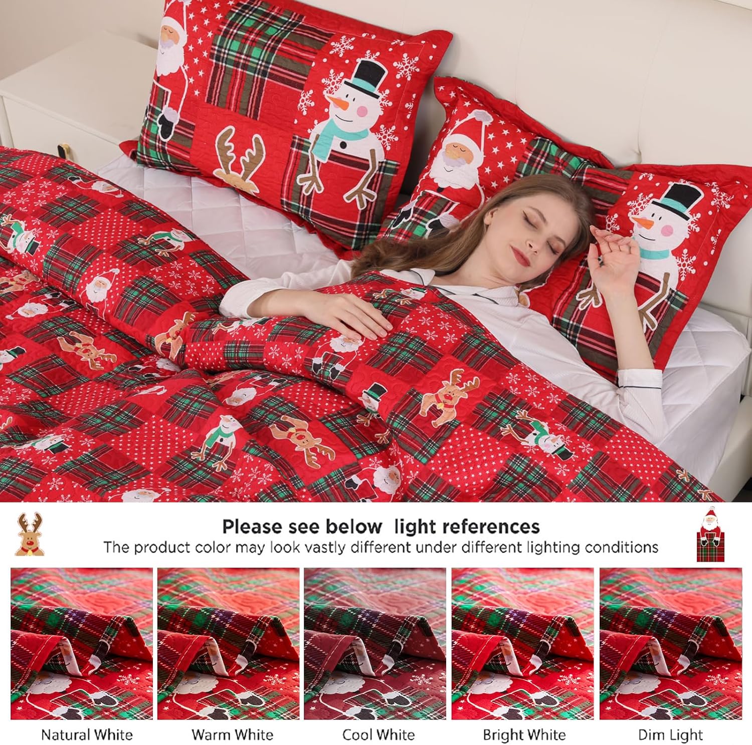 Colchas reversibles de Papá Noel de Navidad, color rojo, verde, tamaño King, diseño de reno, muñeco de nieve, colcha a cuadros, regalo de Año Nuevo,