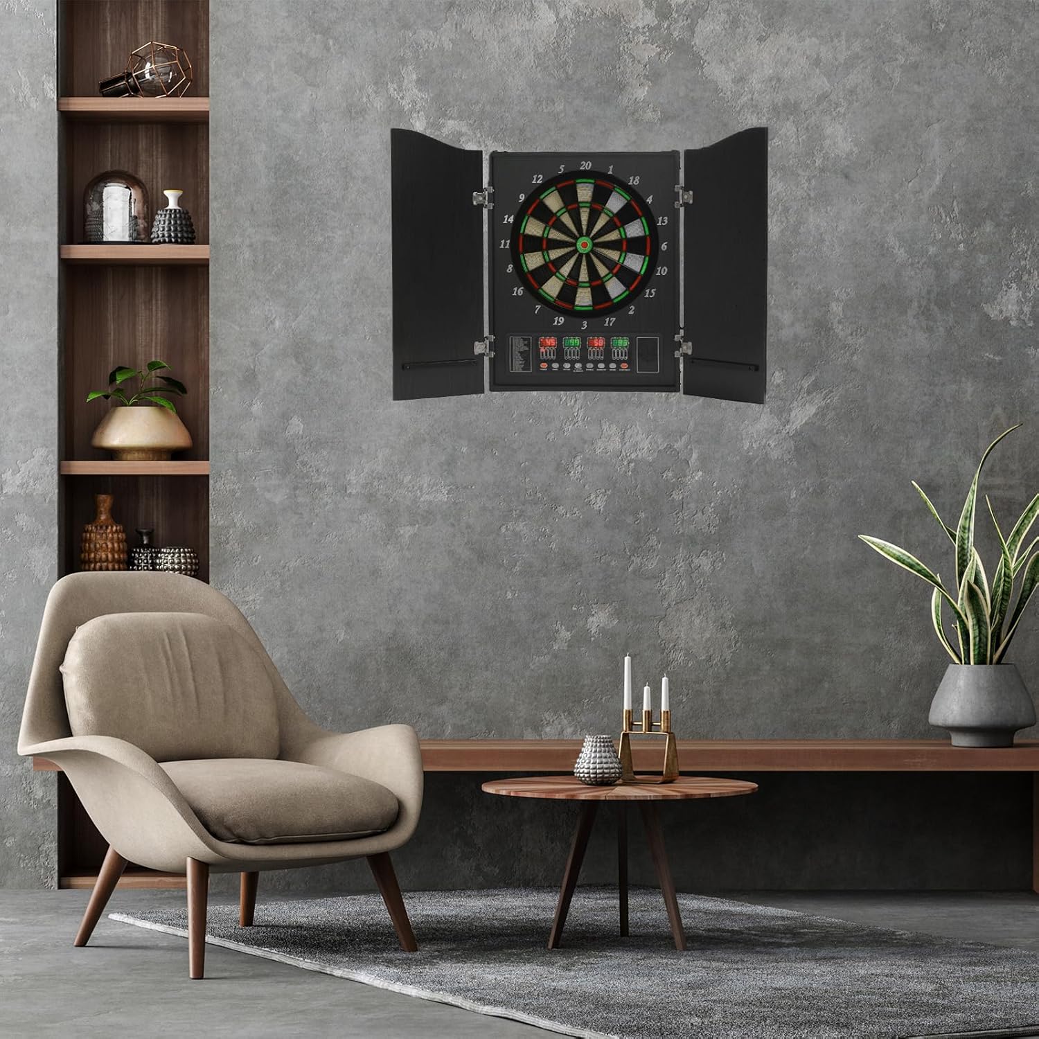 PATIKIL Juego de gabinete electrónico de dardos, diana eléctrica digital LED con puerta de gabinete de madera, tablero de dardos de punta suave con