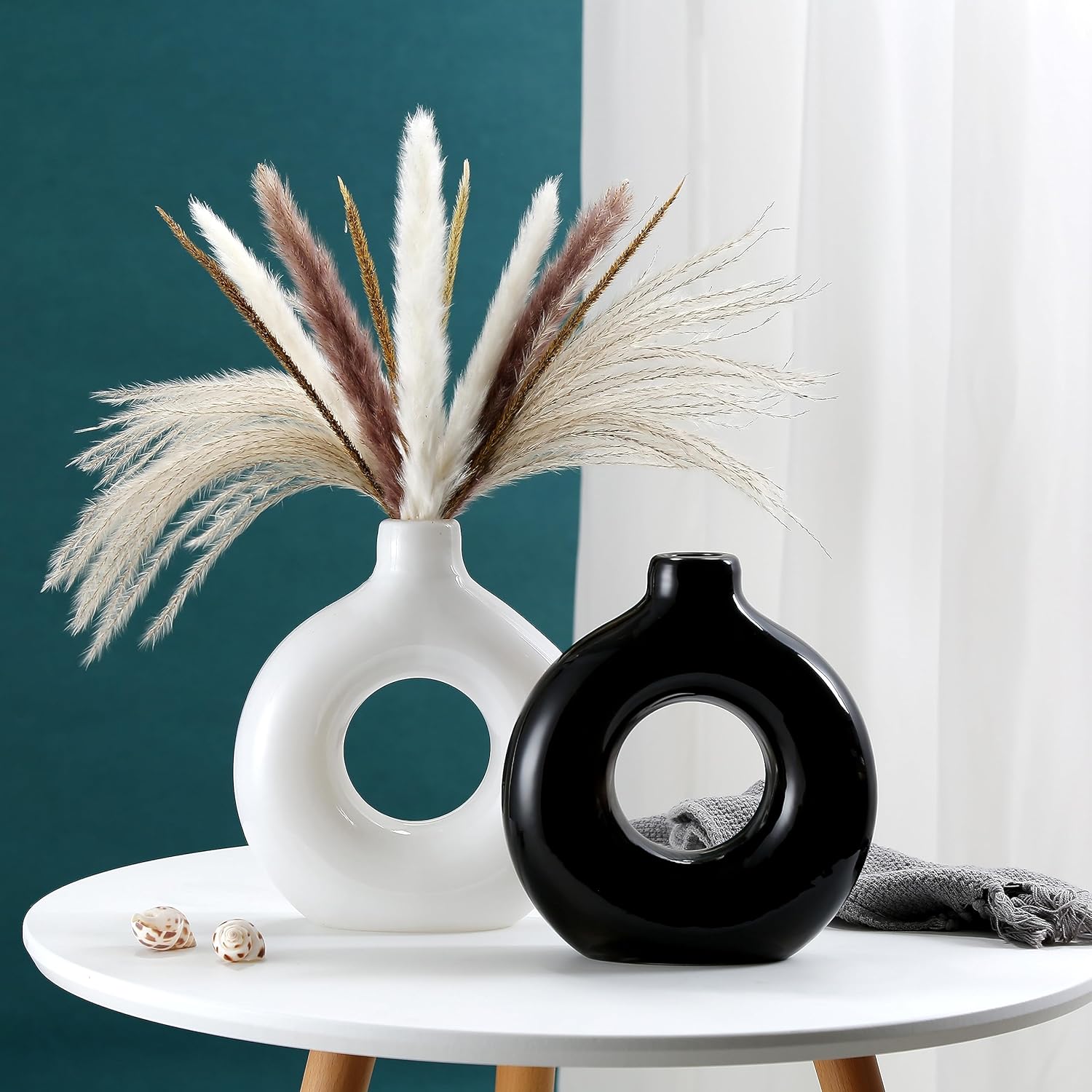Jarrón de vidrio blanco para flores, jarrón de dona, decoración de mesa, centro de mesa, boda, sala de estar, estantería, oficina, hogar moderno,