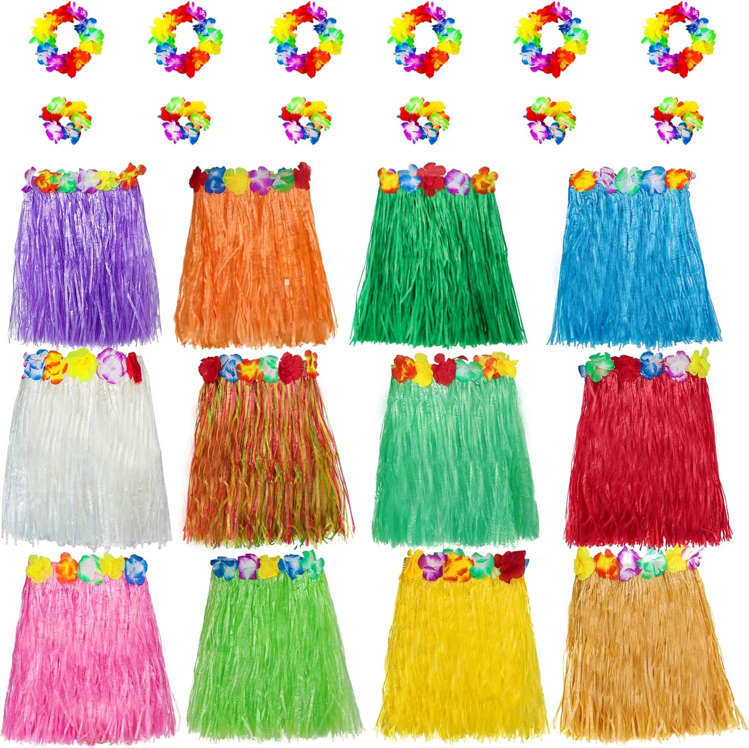 Garma La falda de hierba para niños a granel incluye 12 faldas hawaianas de Luau Hula + 12 diademas + 24 pulseras para fiestas temáticas hawaianas,