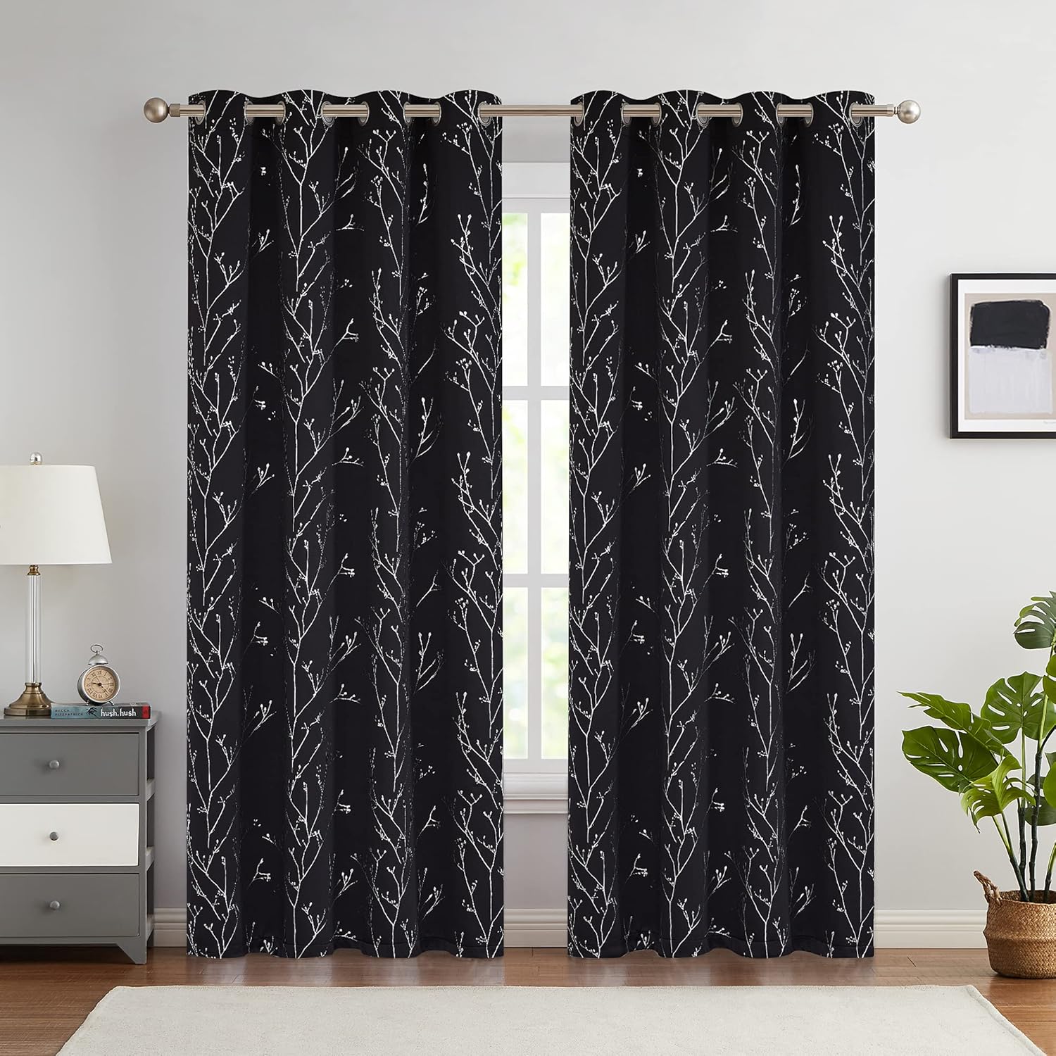 Topick Cortinas opacas con aislamiento térmico para dormitorio, cortinas largas negras para ventana de sala de estar con estampado de ramas de árbol