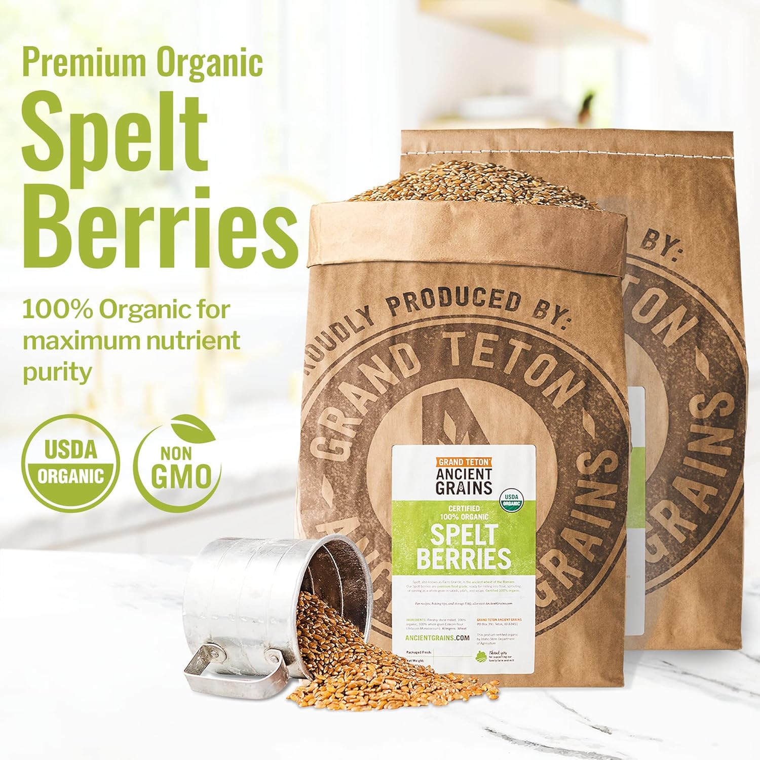 Grand Teton Ancient Grains – Bayas de espelta 100% orgánicas, bayas enteras de espelta sin moler, grano orgánico Farro cultivado en Estados Unidos,