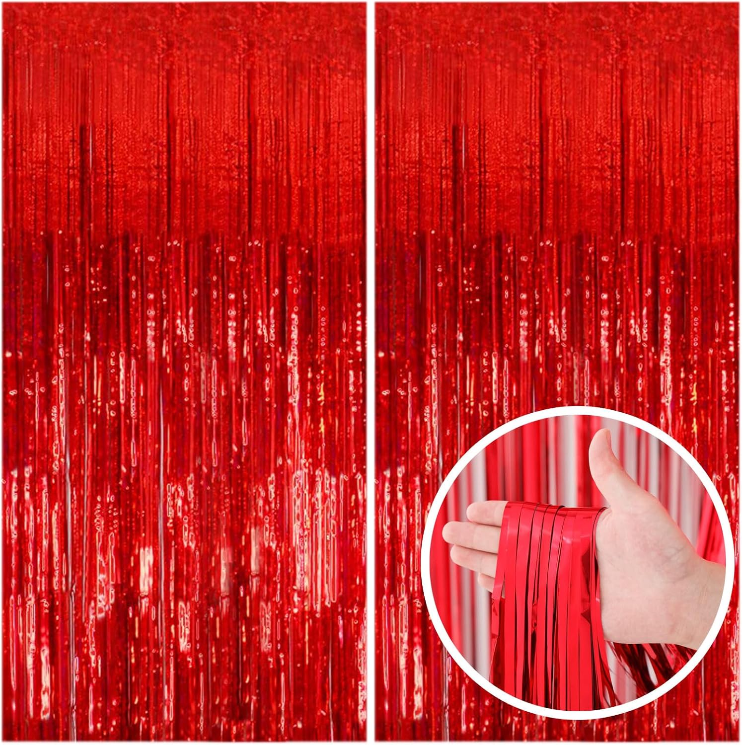 Paquete de 2 cortinas de fondo de fiesta de serpentinas rojas para decoración de Navidad, cortinas de telón de fondo de flecos de papel de aluminio,