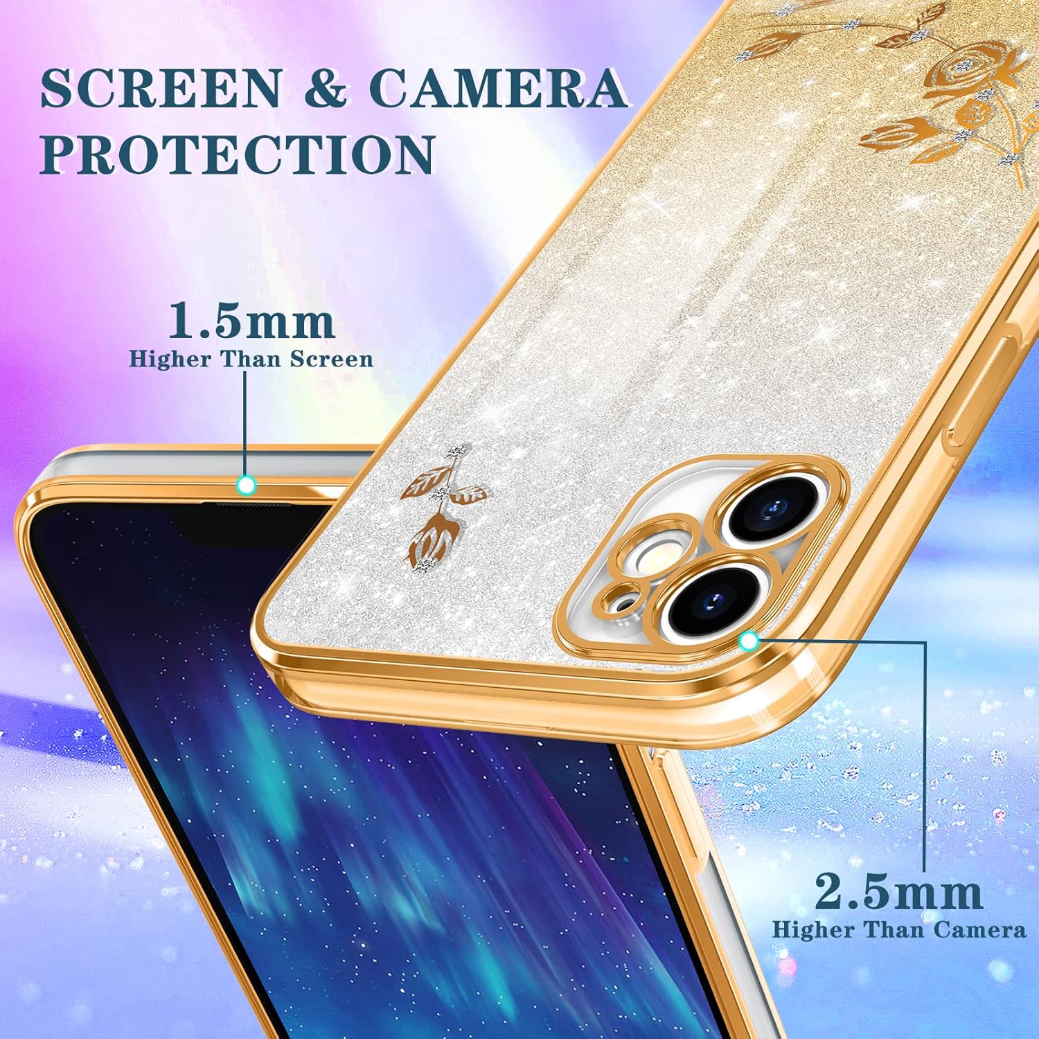 Coralogo Funda 3 en 1 para iPhone 11 con purpurina brillante para mujeres y niñas, cubierta brillante con bonito diseño floral dorado con anillo,