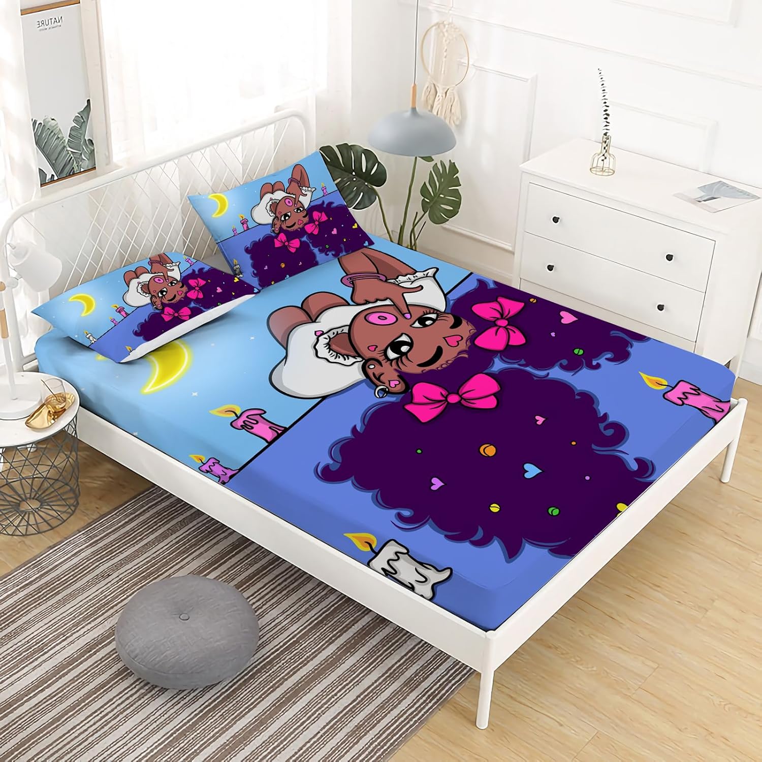 Gusuhome Juego de ropa de cama mágica de niña negra afroamericana, tamaño Queen, linda luna princesa, juego de sábanas ajustables para niños, tiara