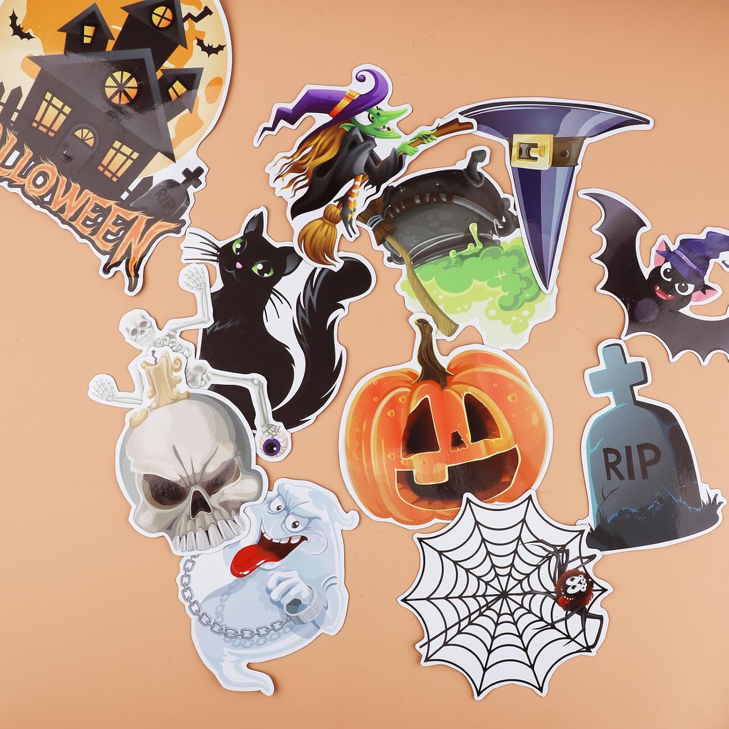 12 calcomanías magnéticas de Halloween, decoraciones magnéticas grandes de Halloween, sombrero de bruja, telaraña, fantasma, lápida, calabaza,