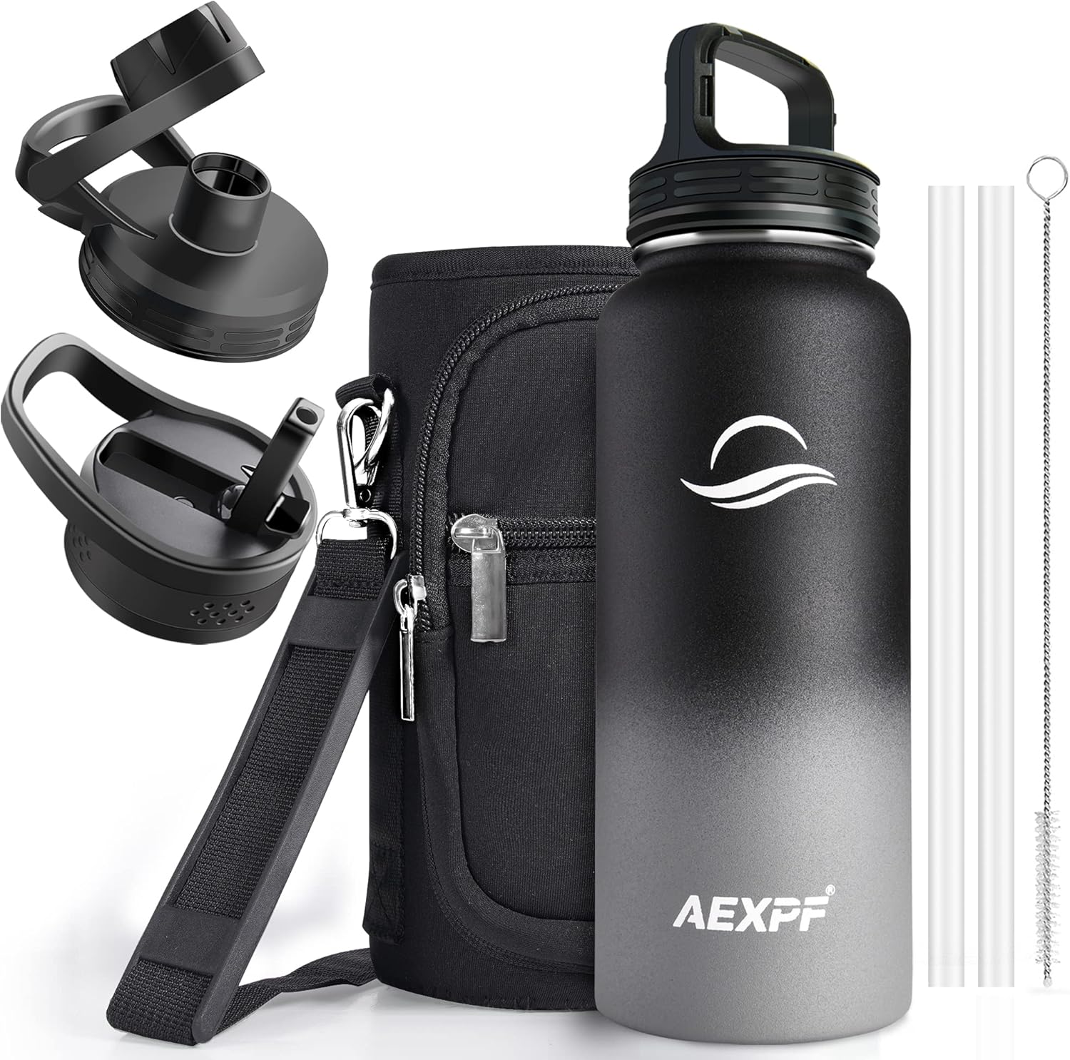 AEXPF Botella de agua deportiva de 32 onzas, botella de agua aislada al vacío de acero inoxidable con tapas con pajilla, termo de metal reutilizable