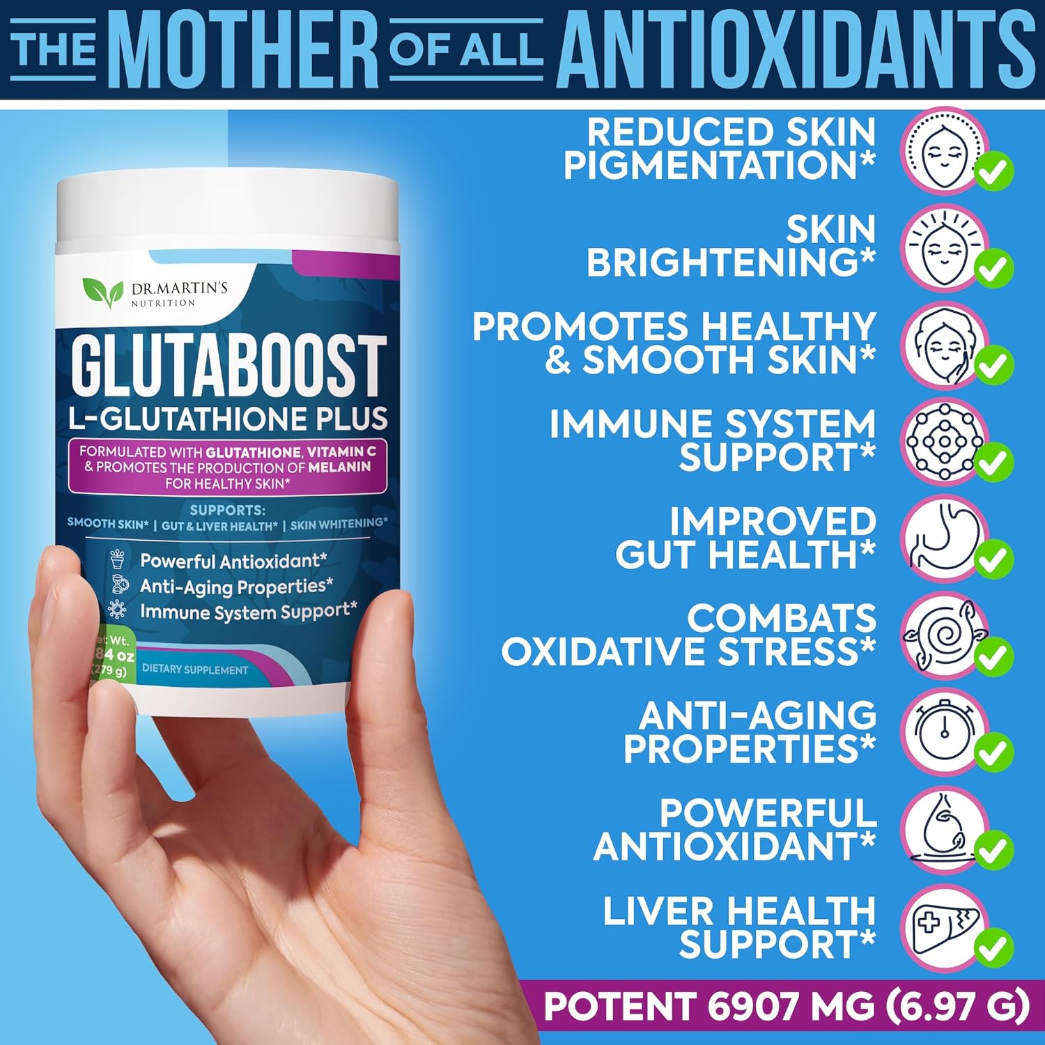 Glutatión 6970mg  Potente antioxidante  Fórmula antienvejecimiento para la salud de la piel, blanqueamiento y pigmentación  Apoya el sistema