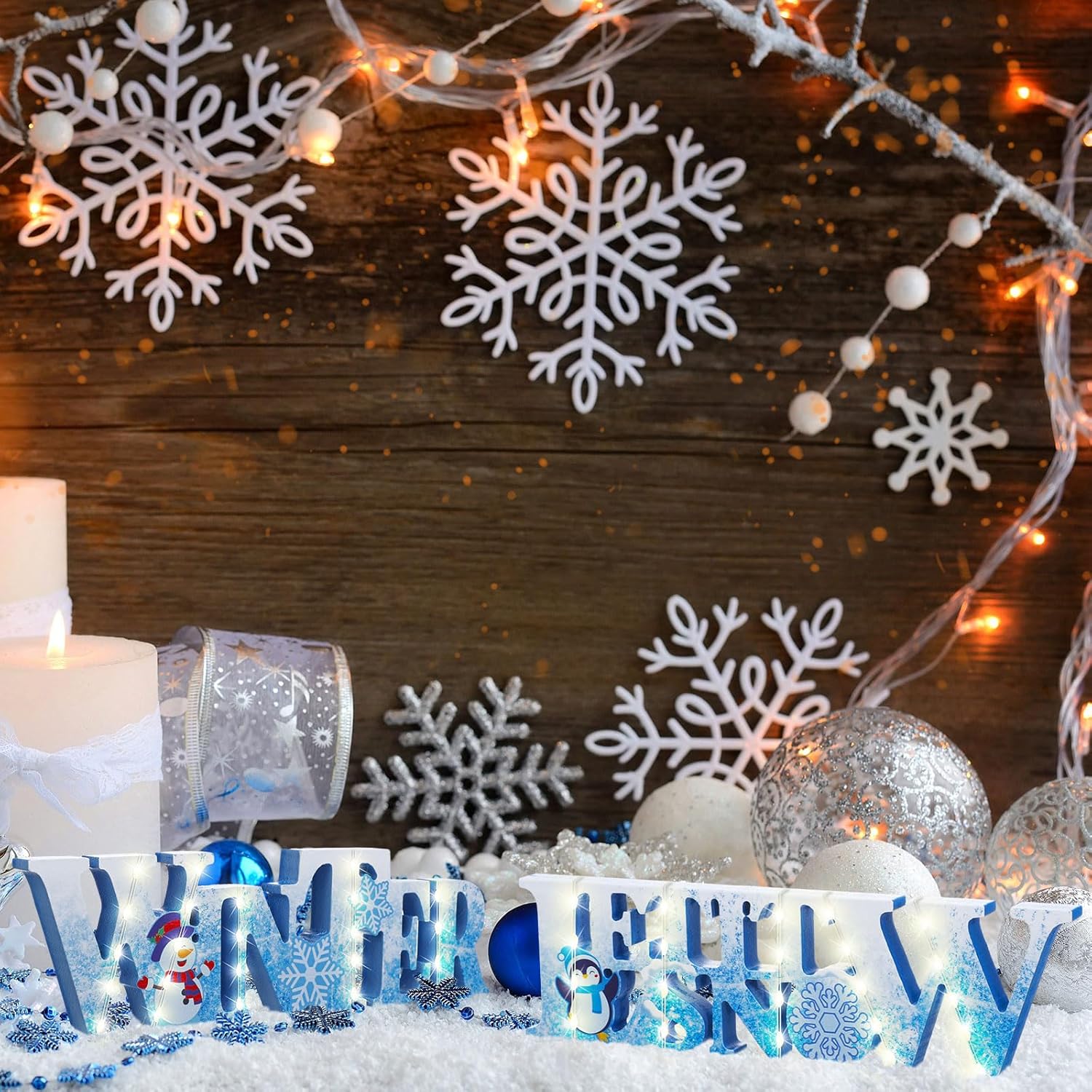2 piezas de centro de mesa de Navidad con luces LED de invierno, muñeco de nieve, muñeco de nieve, adorno iluminado para decoración de bandeja