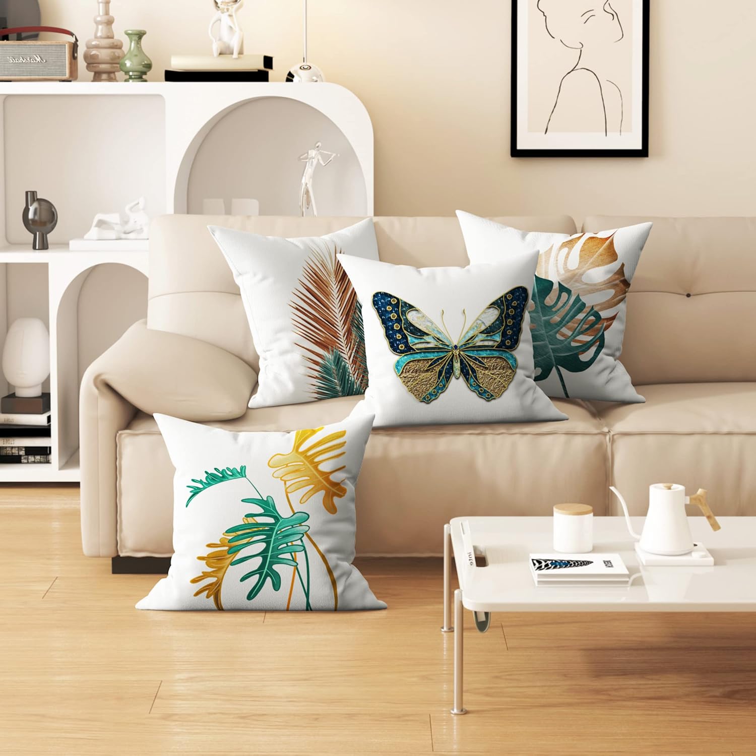 Funda de almohada de estilo lujoso con patrón de hojas para decoración del hogar, funda de cojín cuadrada con impresión digital, perfecta para sala