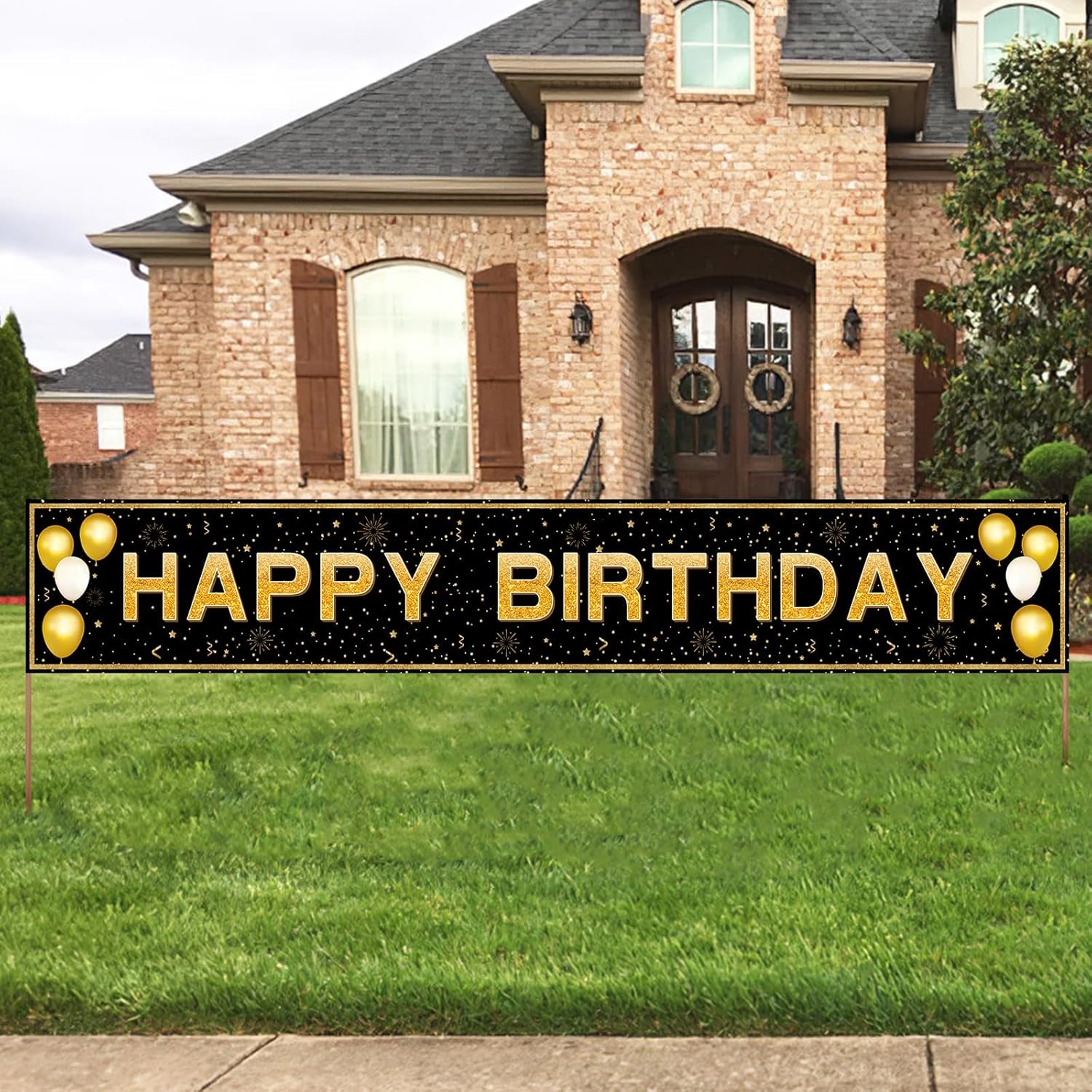 ANATANOWOR Cartel grande de feliz cumpleaños, decoraciones de cumpleaños negro y dorado, cartel de feliz cumpleaños, carteles de patio, decoraciones