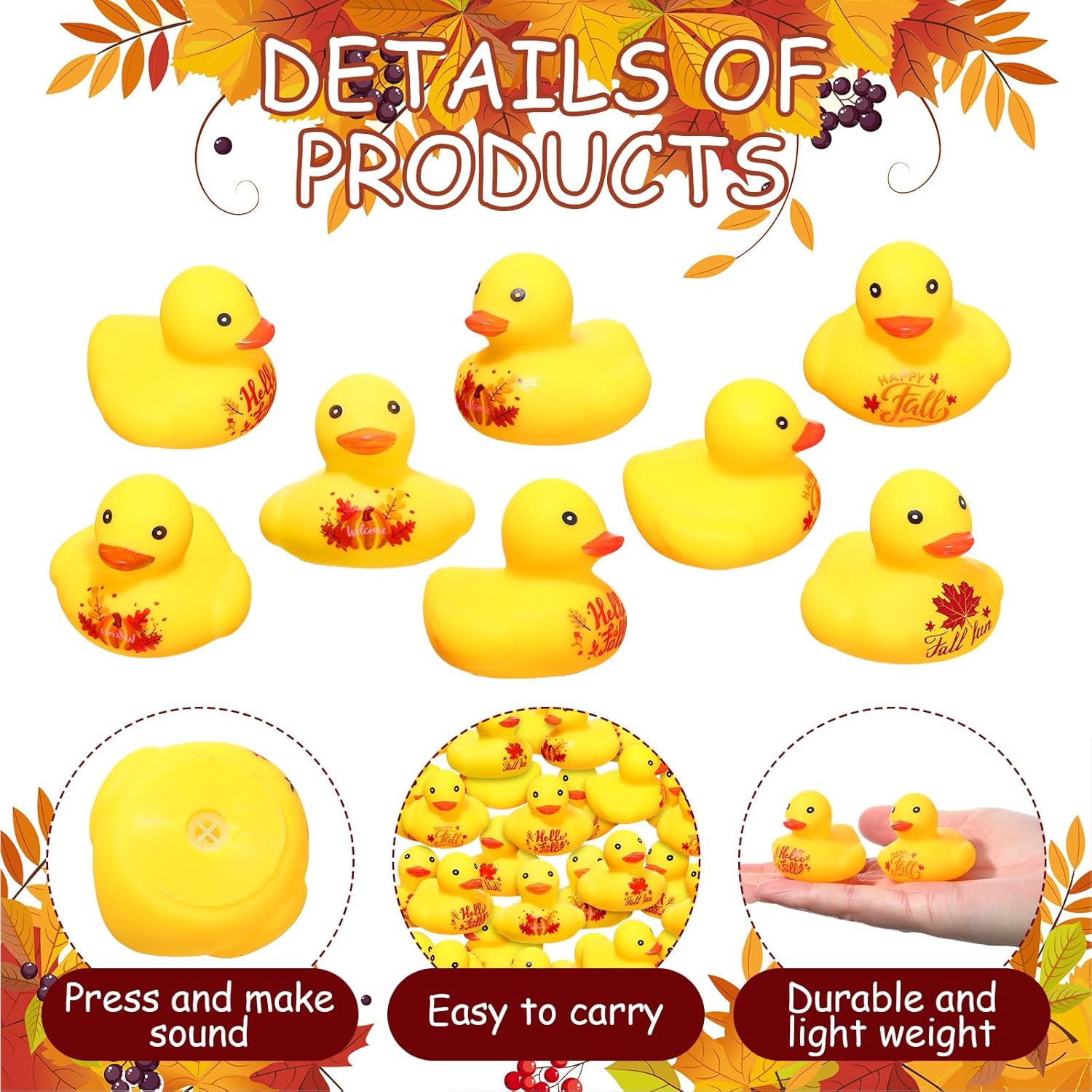 48 piezas de pequeños patos de goma flotantes de Acción de Gracias de otoño, mini juguete de baño pequeños chirriantes para bañera, fiesta de