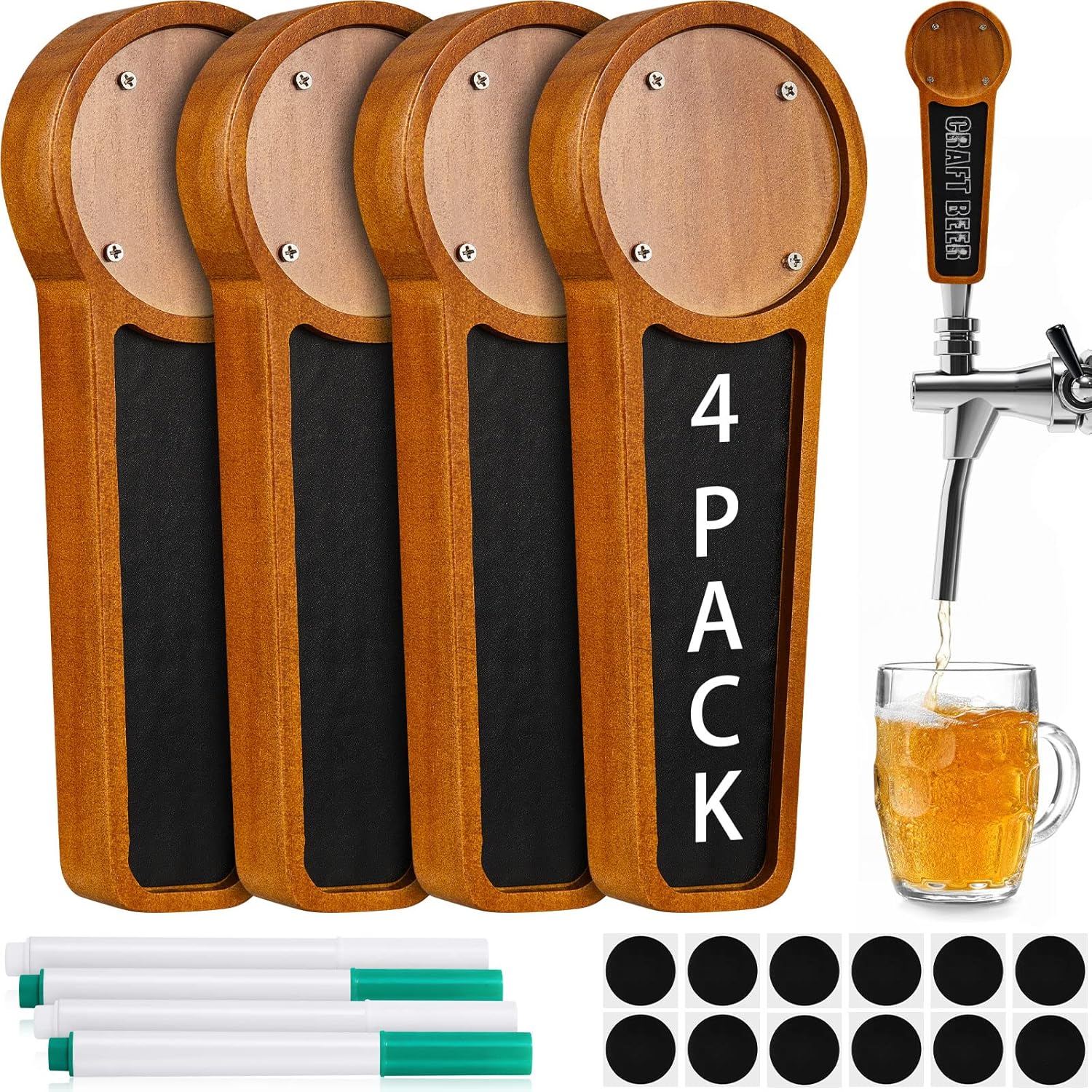 4 unidades de mango de madera para tocador de cerveza para Kegerator con logotipo intercambiable y 4 bolígrafos para bar, restaurante, boda,