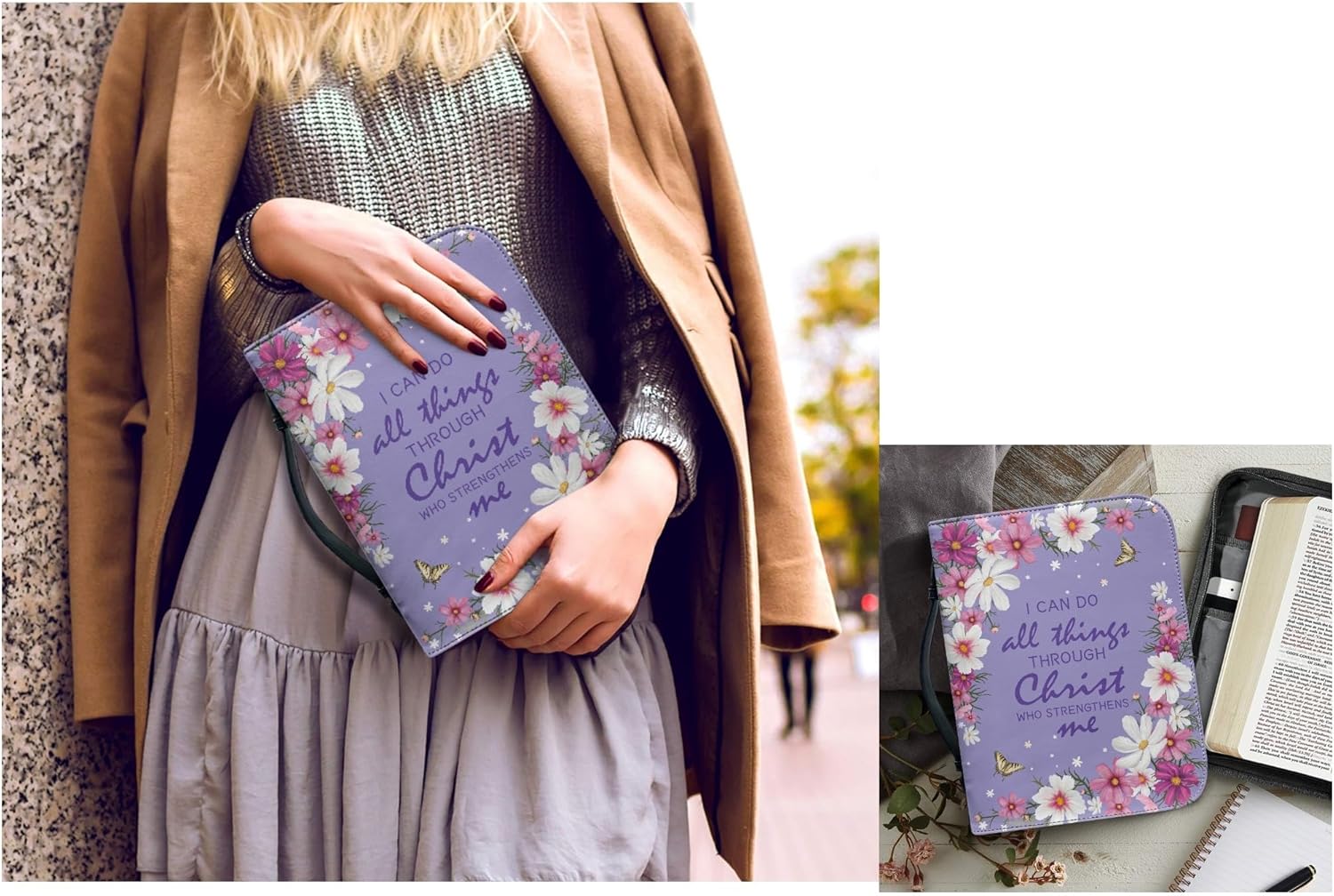 Funda de la Biblia con diseño de flores para mujer, funda pequeña para la Biblia con asa con cremallera y llavero, bolsa protectora de la Biblia,