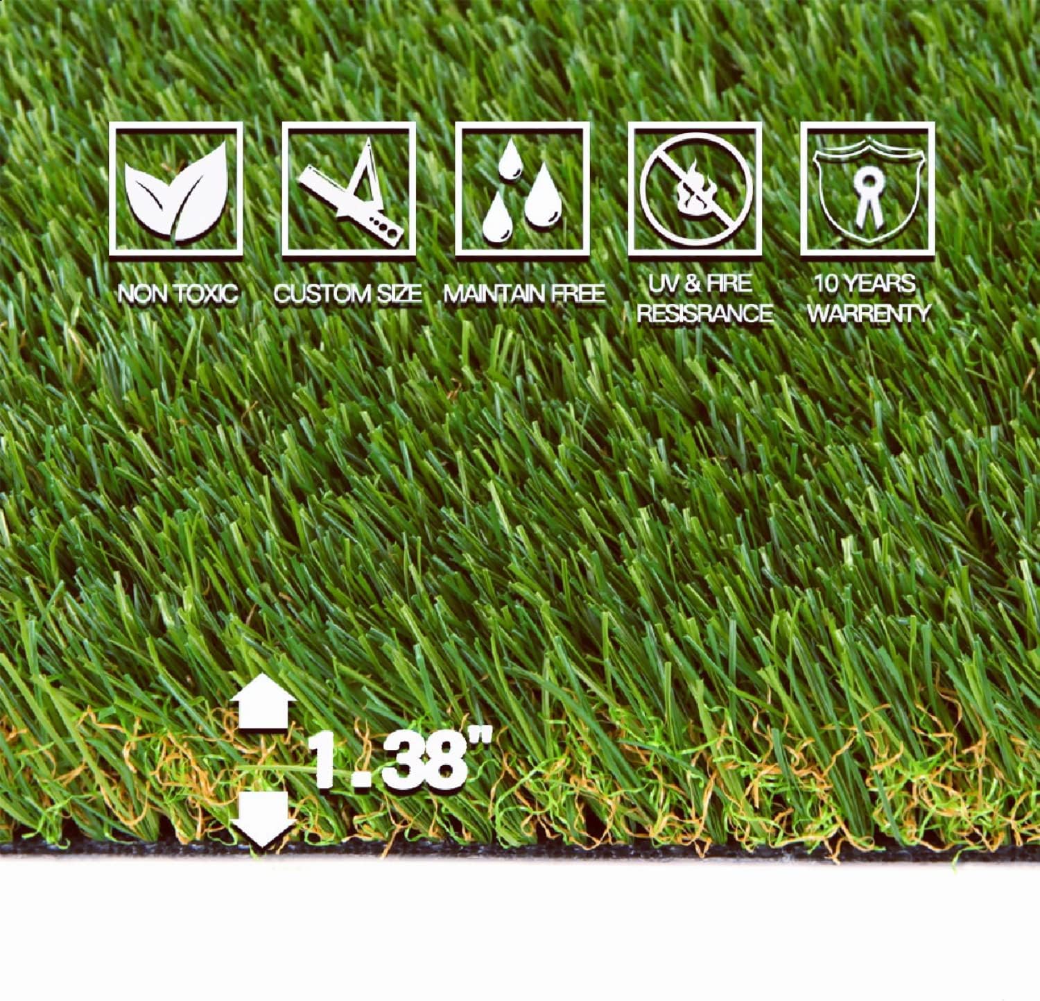 Alfombra de césped artificial, 2 x 5 pies (10 pies ) de altura del pelo de 1.38 pulgadas de altura para interiores y exteriores, sintética,