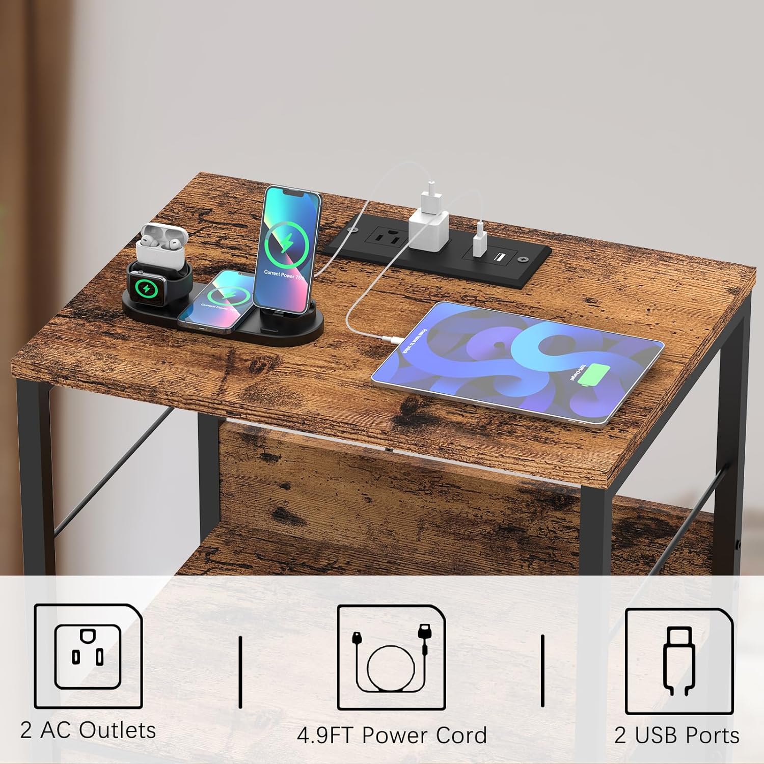 Mesita de noche con cajones, mesa auxiliar con estación de carga, mesas auxiliares de dormitorio con puertos USB y tomacorrientes, mesita de noche